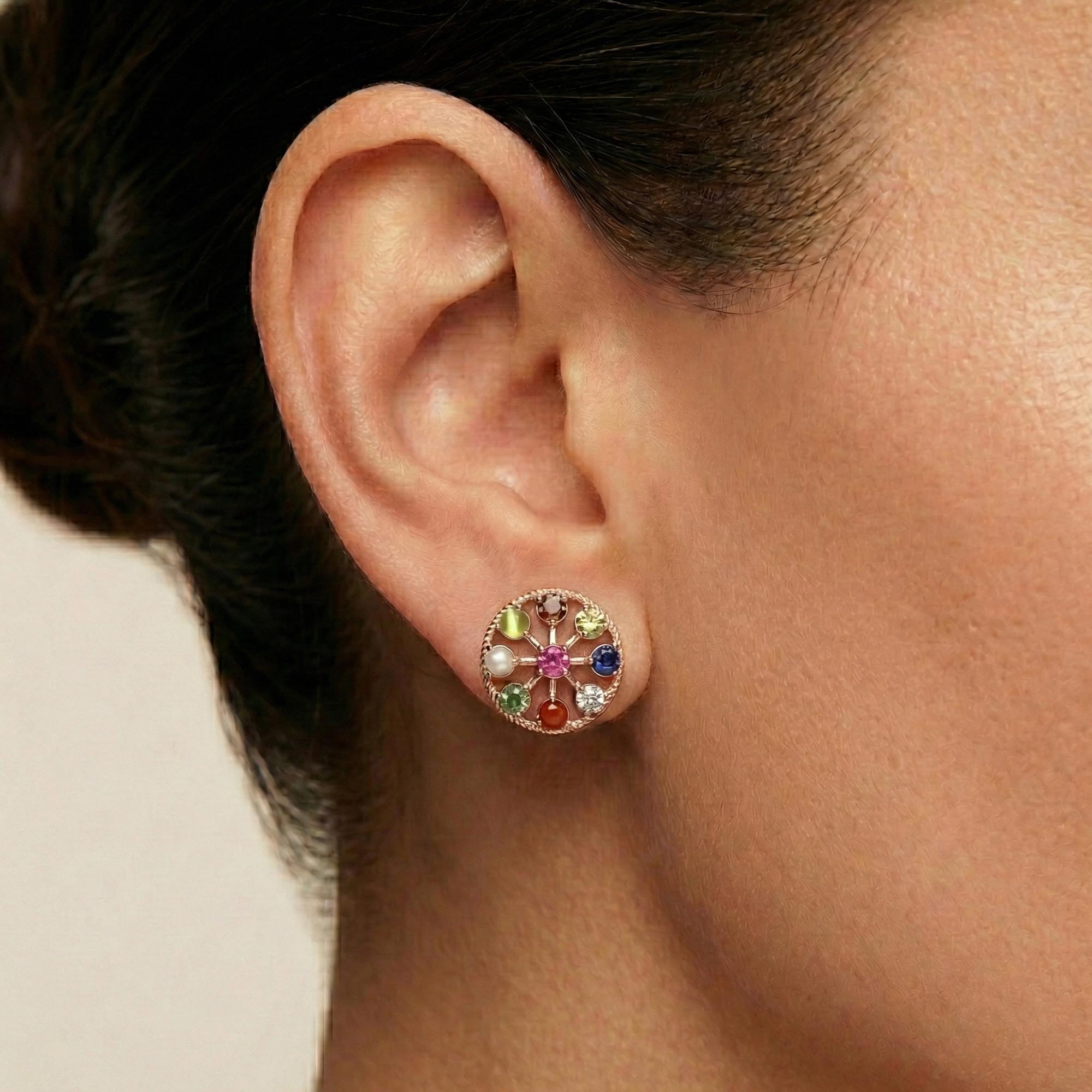 Navratna (Navaratna) Stud Earrings in 18K Rose Gold – 2.8 mm stones, 4 g (Design K1-9) thumbnail