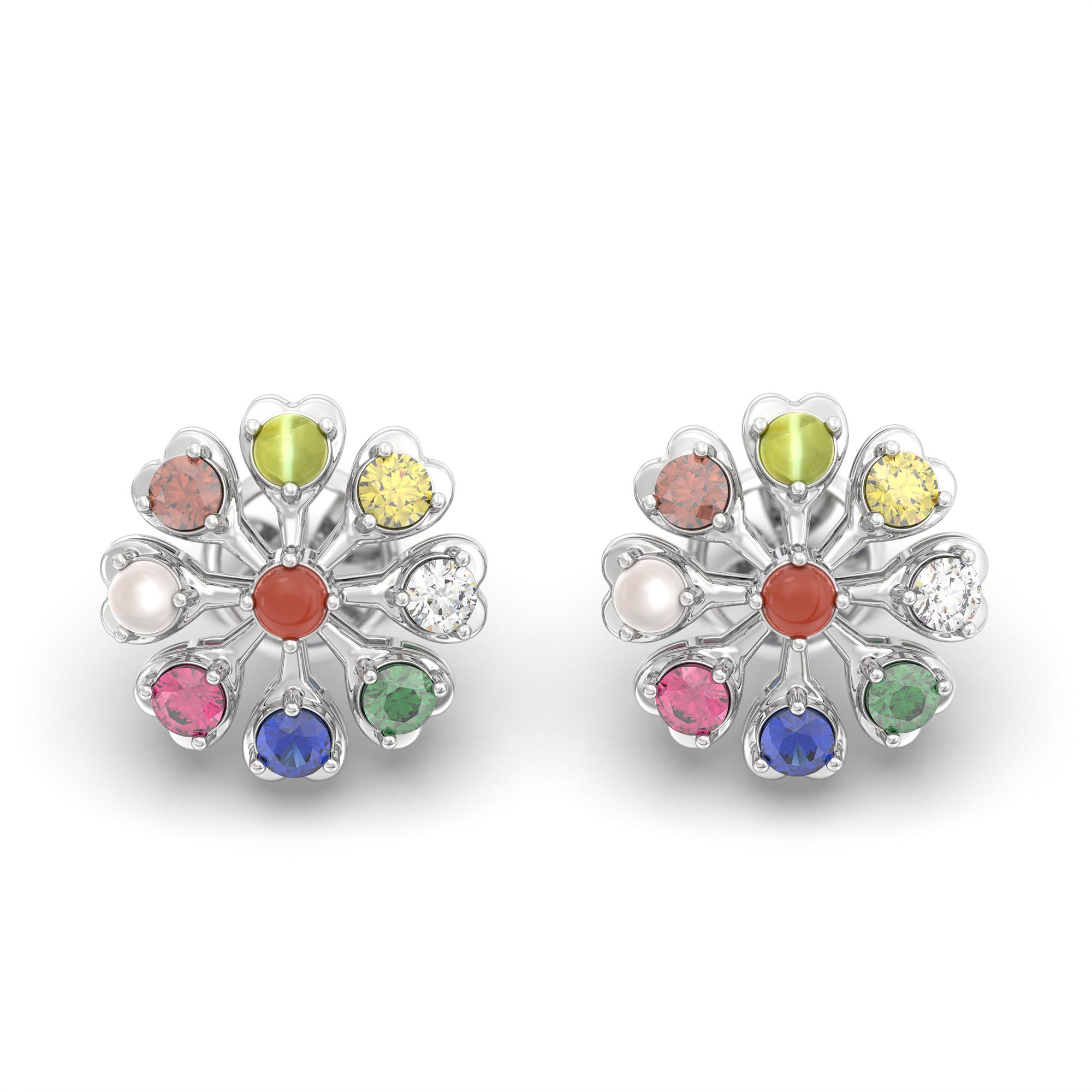 Navratna (Navaratna) Stud Earrings in 18K White Gold – 2.8 mm stones, 4 g (Design K1-10) thumbnail