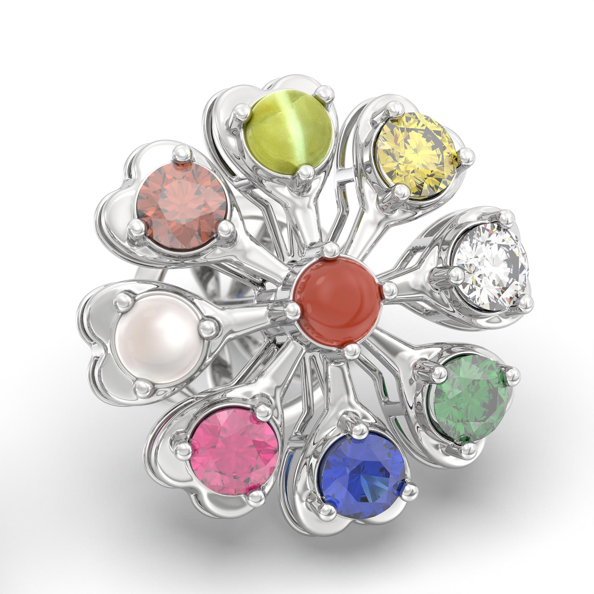 Navratna (Navaratna) Stud Earrings in 18K White Gold – 2.8 mm stones, 4 g (Design K1-10) thumbnail