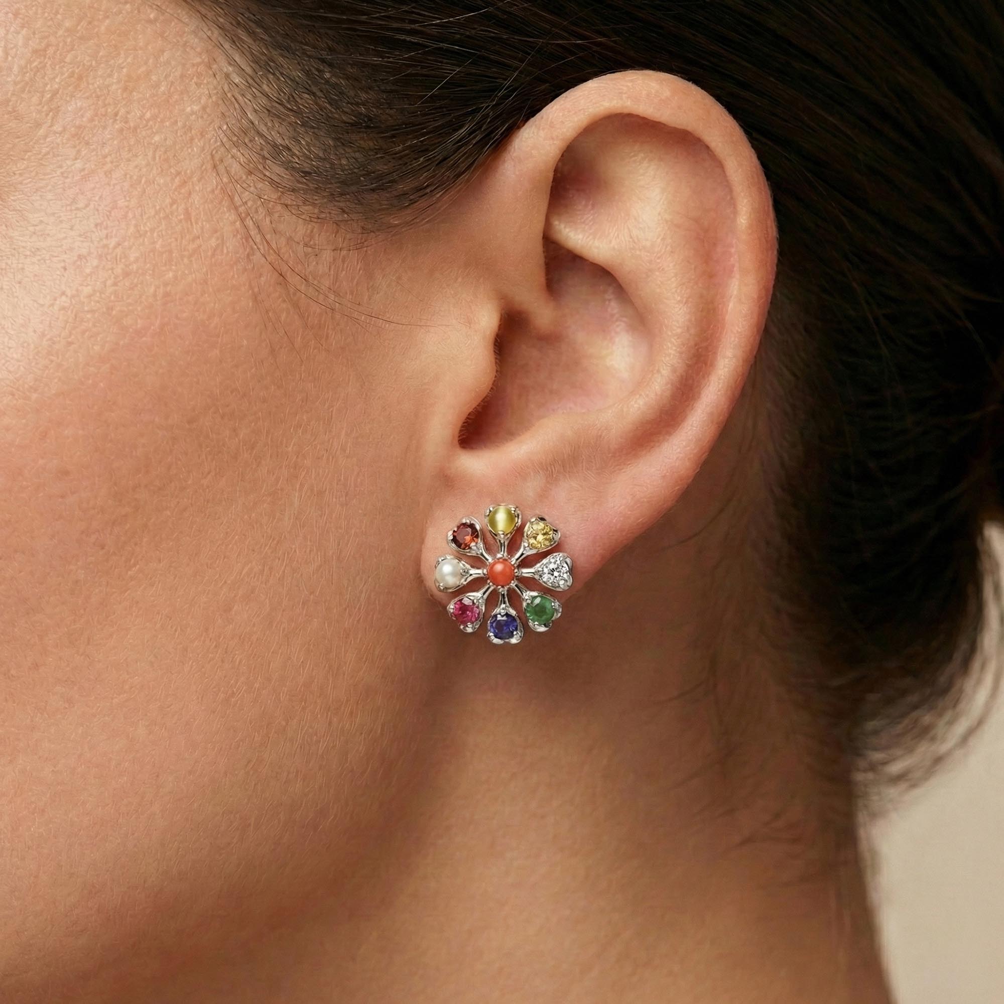 Navratna (Navaratna) Stud Earrings in 18K White Gold – 2.8 mm stones, 4 g (Design K1-10) thumbnail