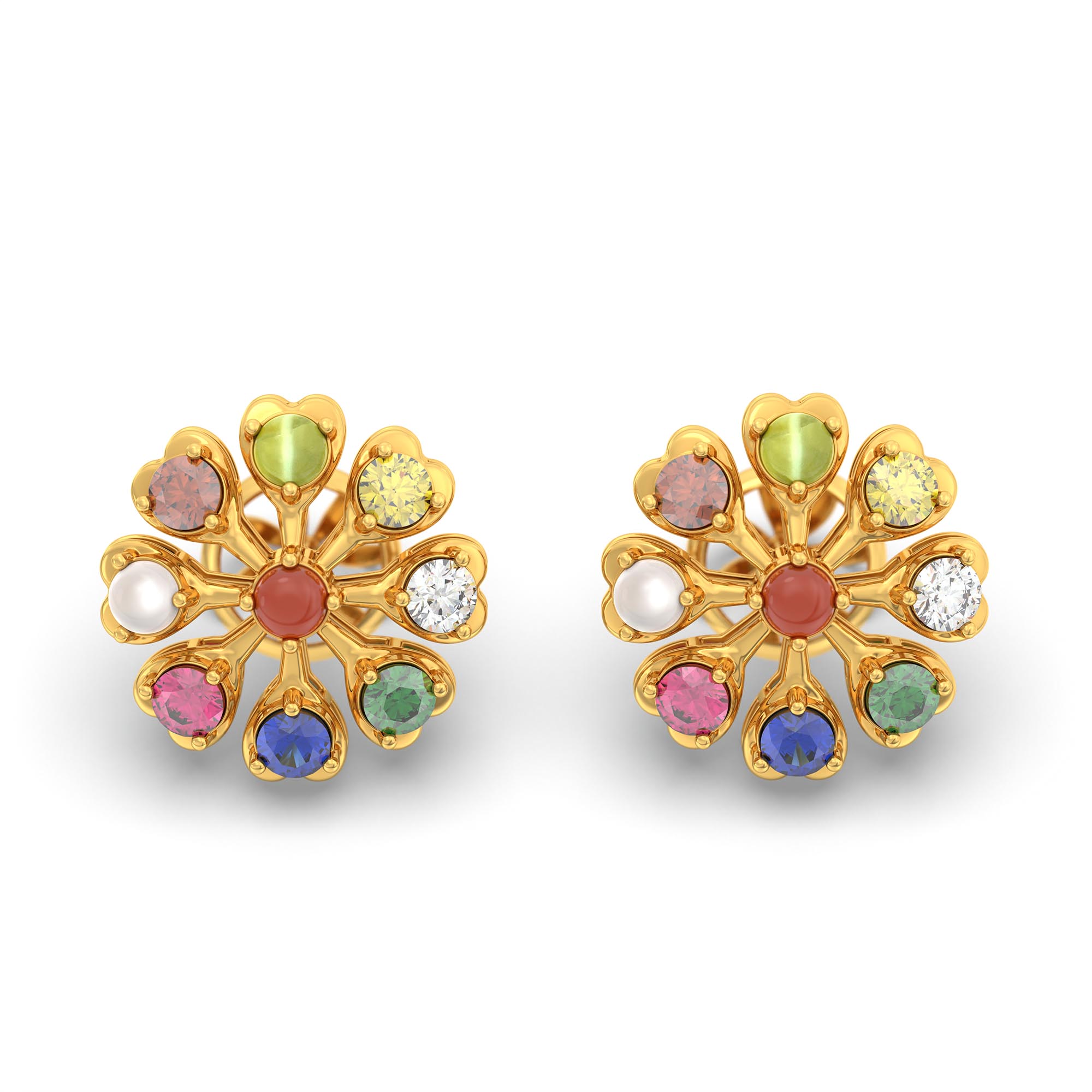 Navratna (Navaratna) Stud Earrings in 22K Yellow Gold – 2.8 mm stones, 4 g (Design K1-10) thumbnail