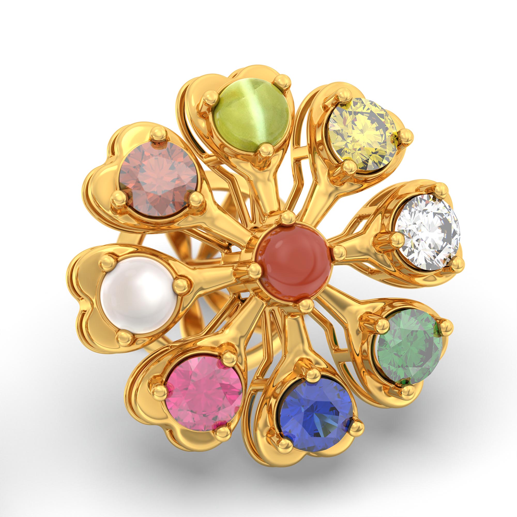 Navratna (Navaratna) Stud Earrings in 22K Yellow Gold – 2.8 mm stones, 4 g (Design K1-10) thumbnail