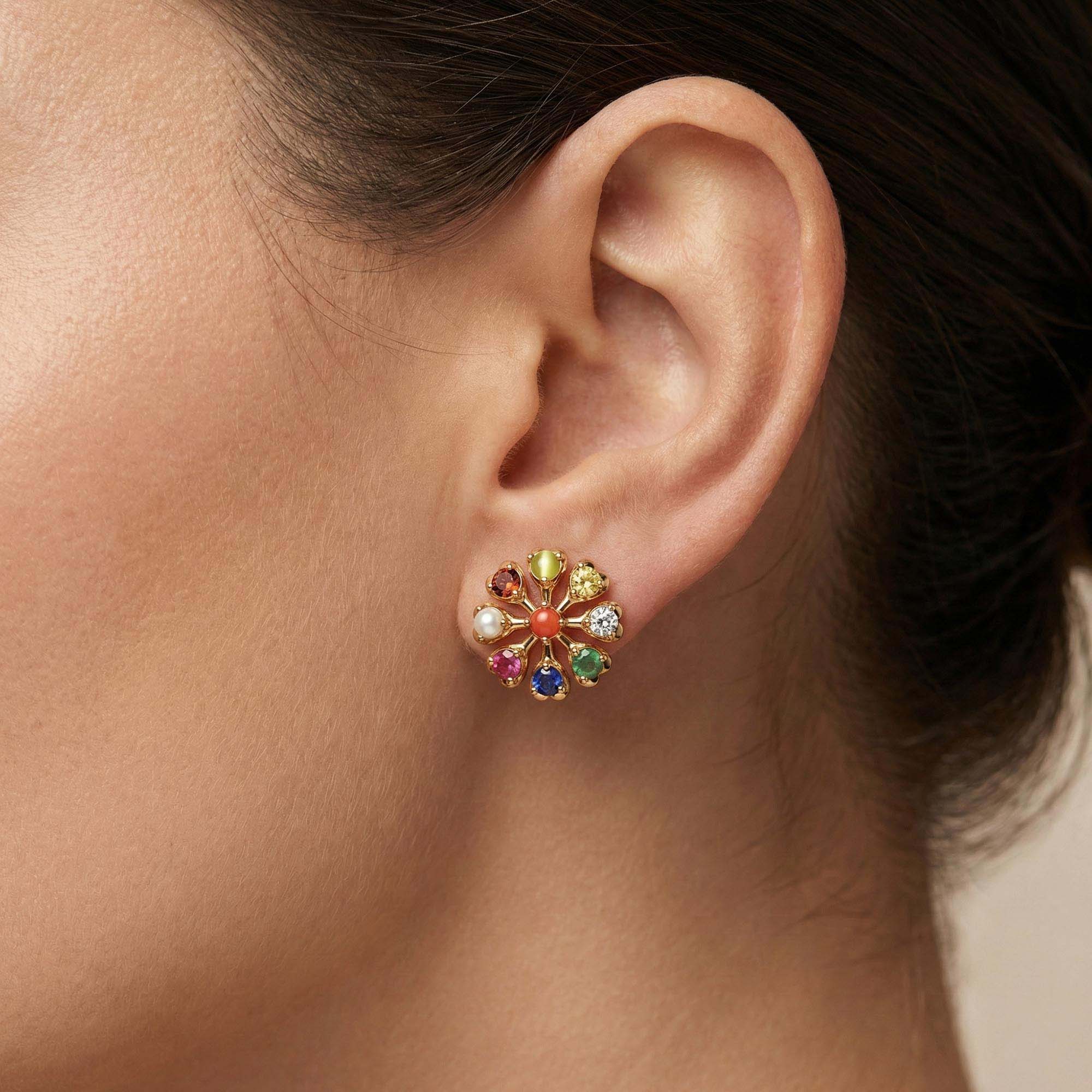 Navratna (Navaratna) Stud Earrings in 22K Yellow Gold – 2.8 mm stones, 4 g (Design K1-10) thumbnail