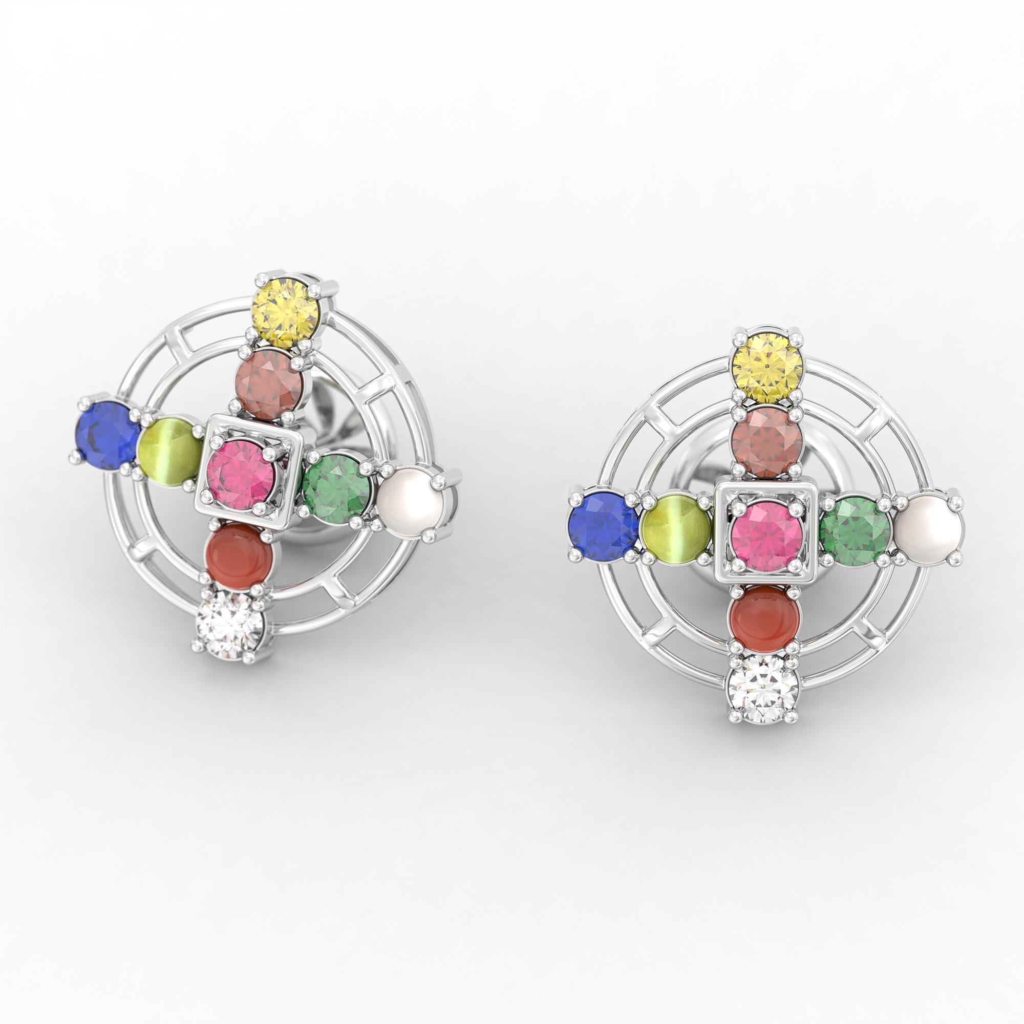 Navratna (Navaratna) Stud Earrings in 18K White Gold – 2.8 mm stones, 4 g (Design K1-11) thumbnail