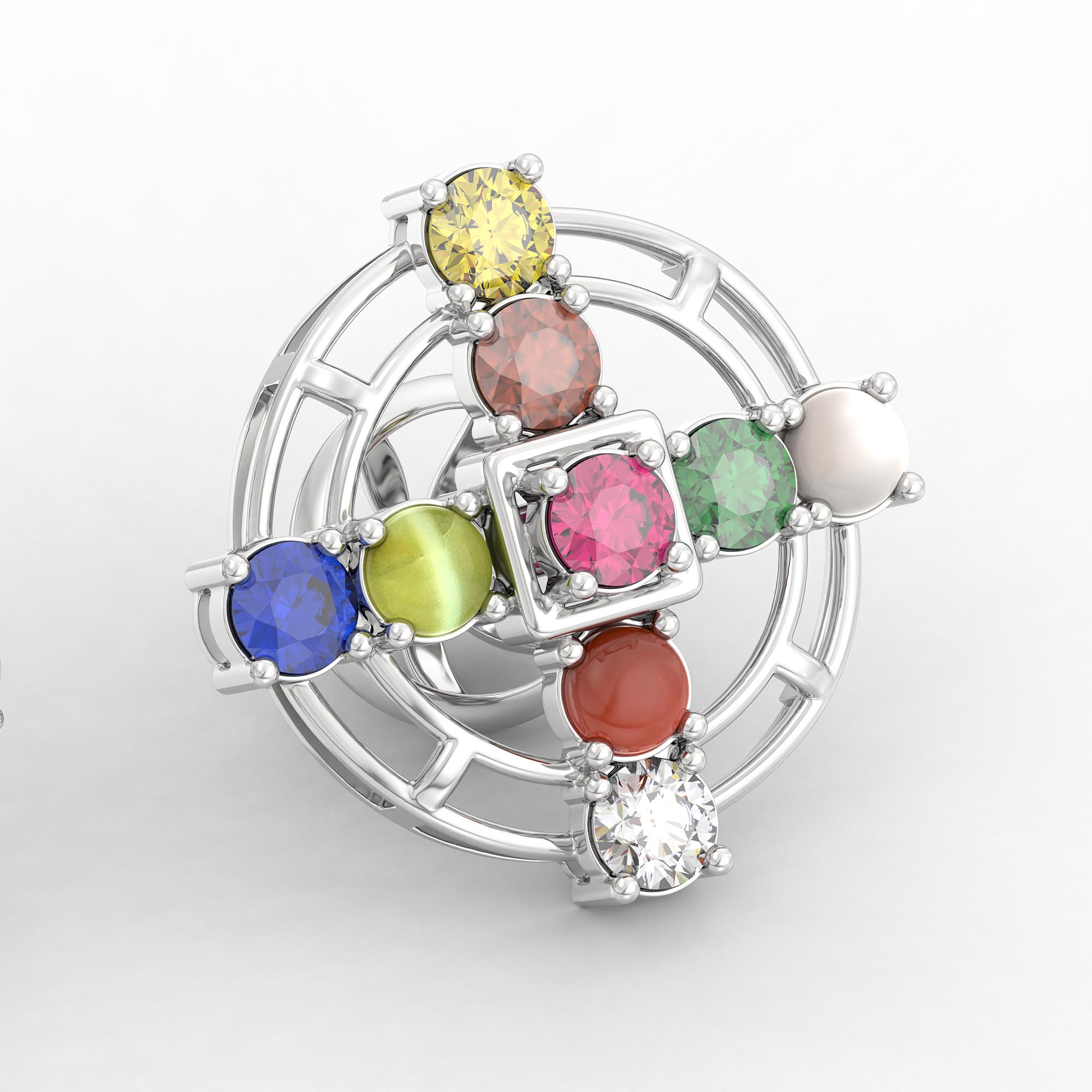 Navratna (Navaratna) Stud Earrings in 18K White Gold – 2.8 mm stones, 4 g (Design K1-11) thumbnail