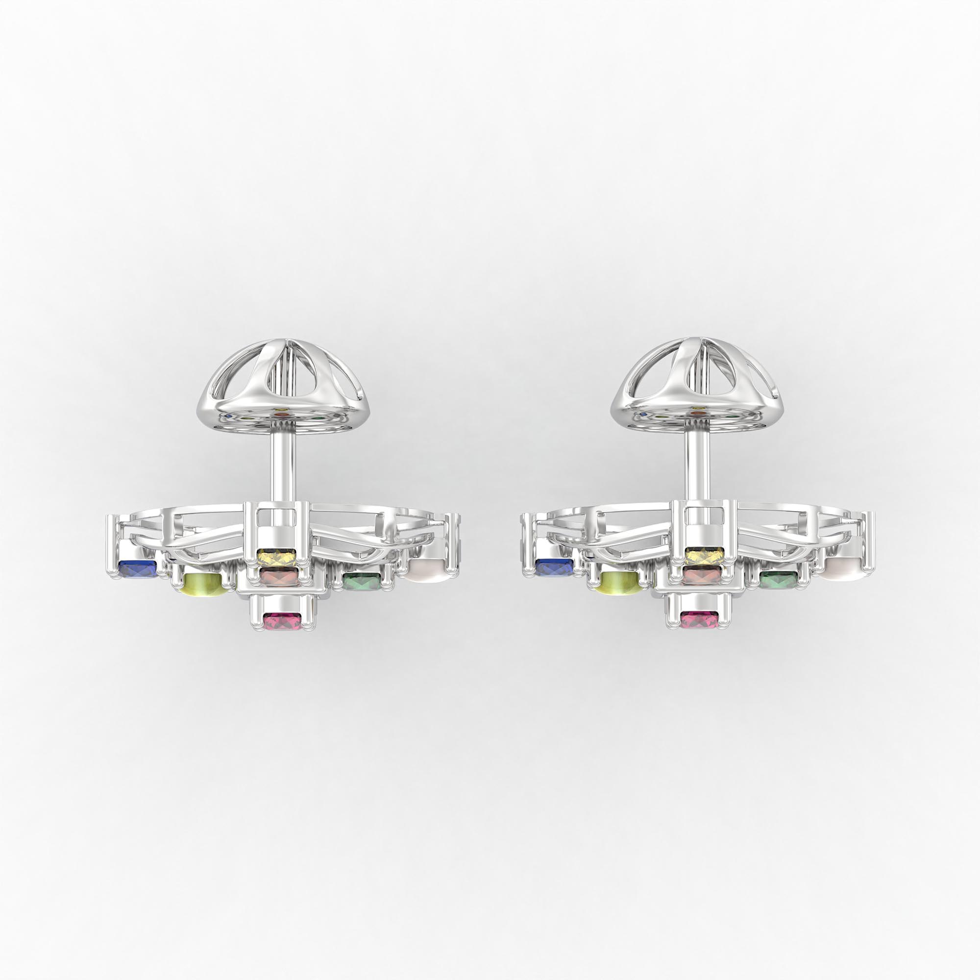 Navratna (Navaratna) Stud Earrings in 18K White Gold – 2.8 mm stones, 4 g (Design K1-11) thumbnail