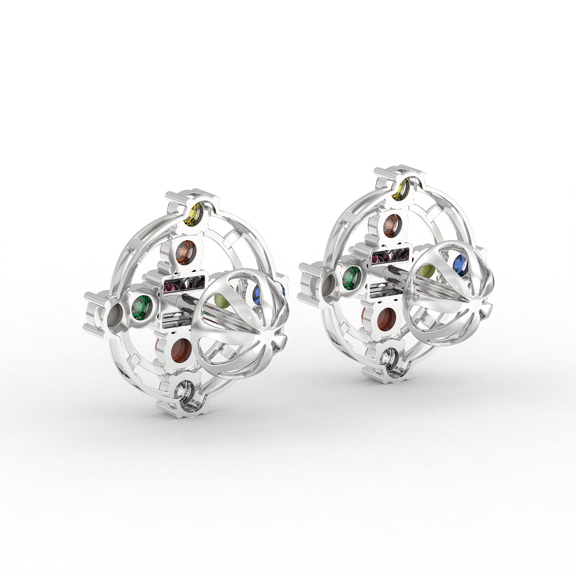 Navratna (Navaratna) Stud Earrings in 18K White Gold – 2.8 mm stones, 4 g (Design K1-11) thumbnail