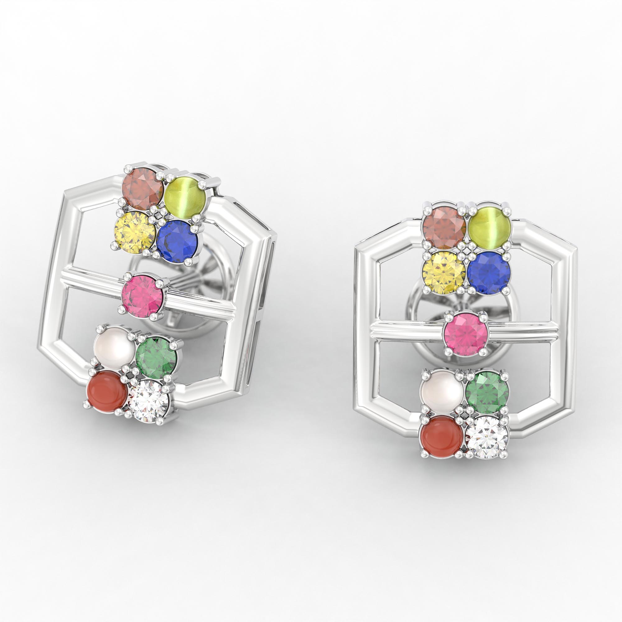 Navratna (Navaratna) Stud Earrings in 18K White Gold – 2.8 mm stones, 4 g (Design K1-12) thumbnail