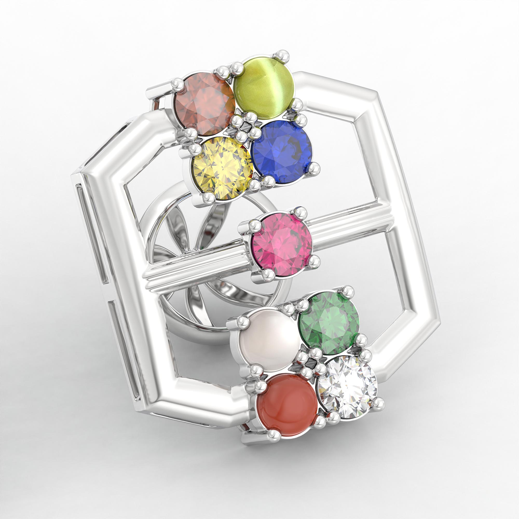 Navratna (Navaratna) Stud Earrings in 18K White Gold – 2.8 mm stones, 4 g (Design K1-12) thumbnail