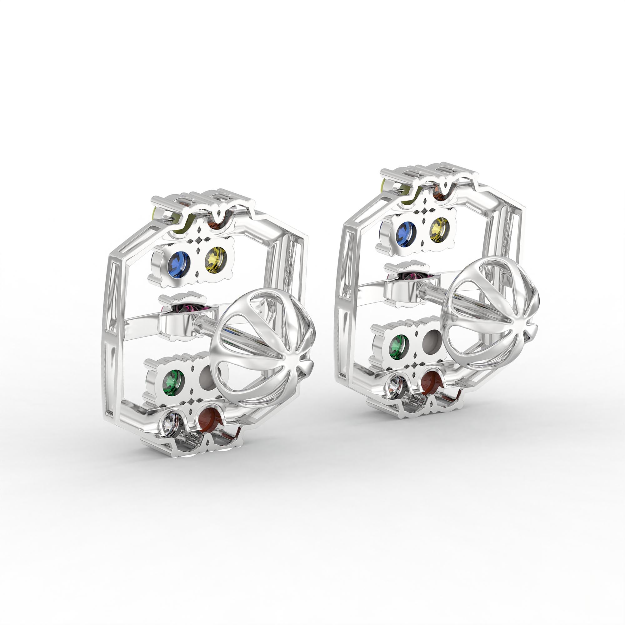 Navratna (Navaratna) Stud Earrings in 18K White Gold – 2.8 mm stones, 4 g (Design K1-12) thumbnail