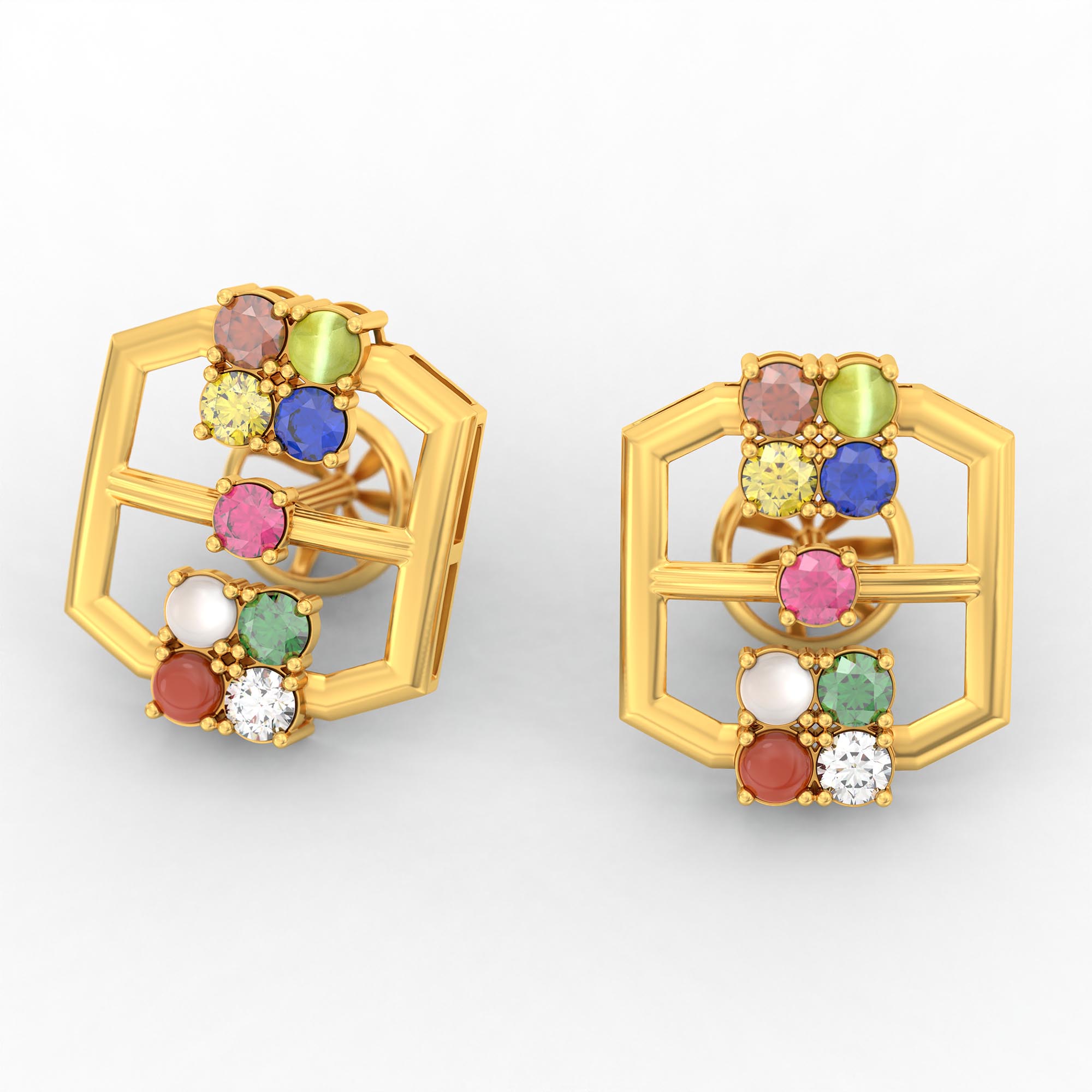 Navratna (Navaratna) Stud Earrings in 22K Yellow Gold – 2.8 mm stones, 4 g (Design K1-12) thumbnail
