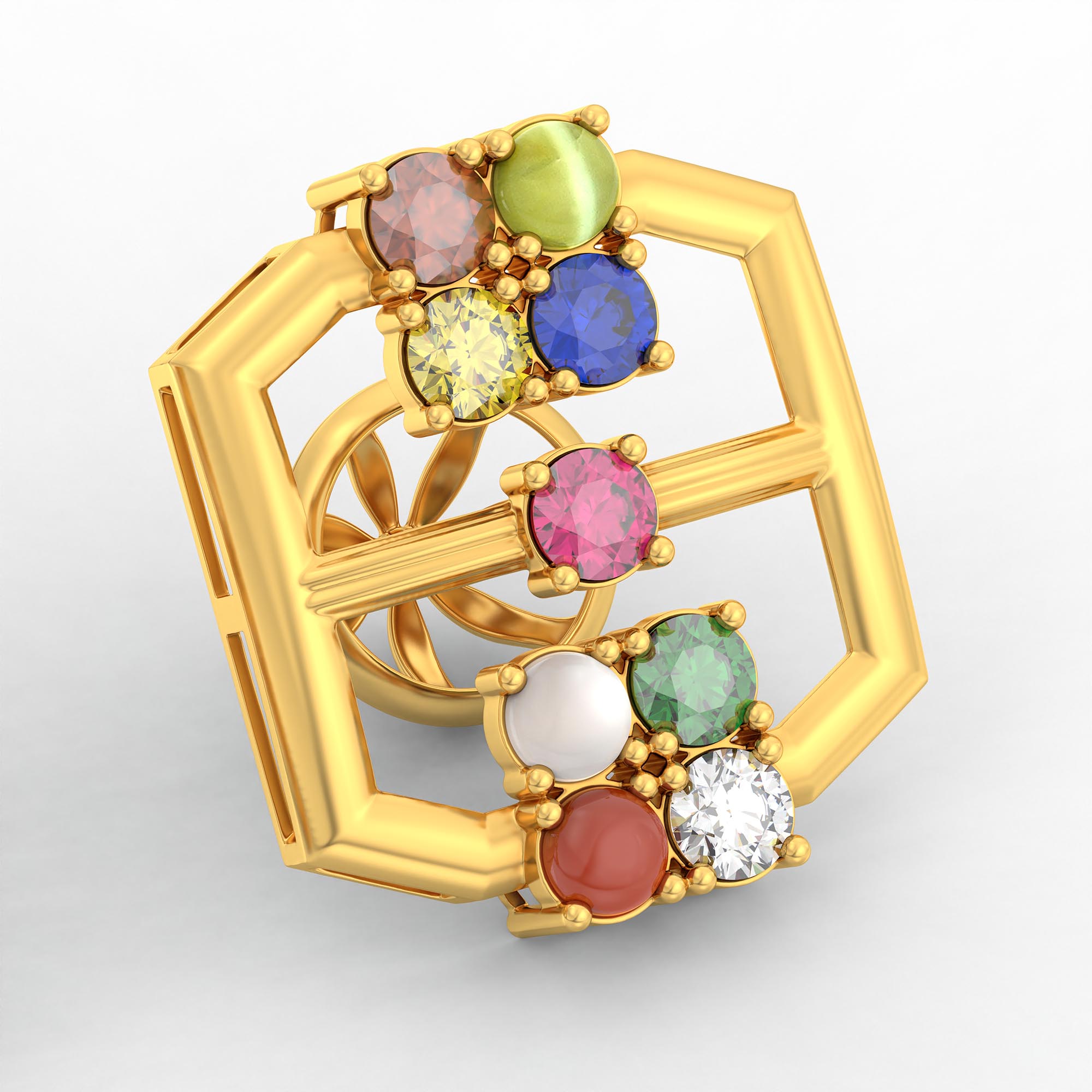 Navratna (Navaratna) Stud Earrings in 22K Yellow Gold – 2.8 mm stones, 4 g (Design K1-12) thumbnail