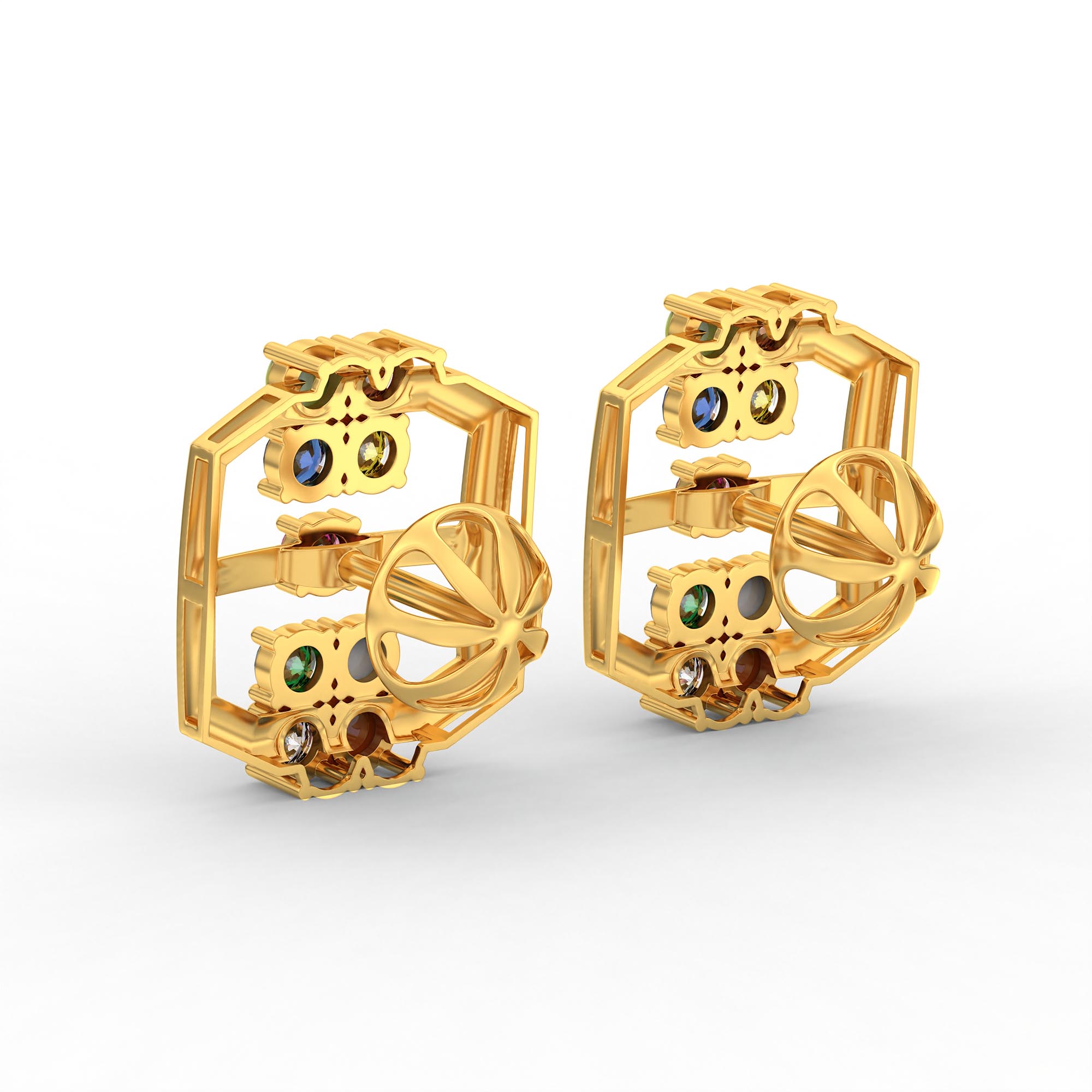 Navratna (Navaratna) Stud Earrings in 22K Yellow Gold – 2.8 mm stones, 4 g (Design K1-12) thumbnail