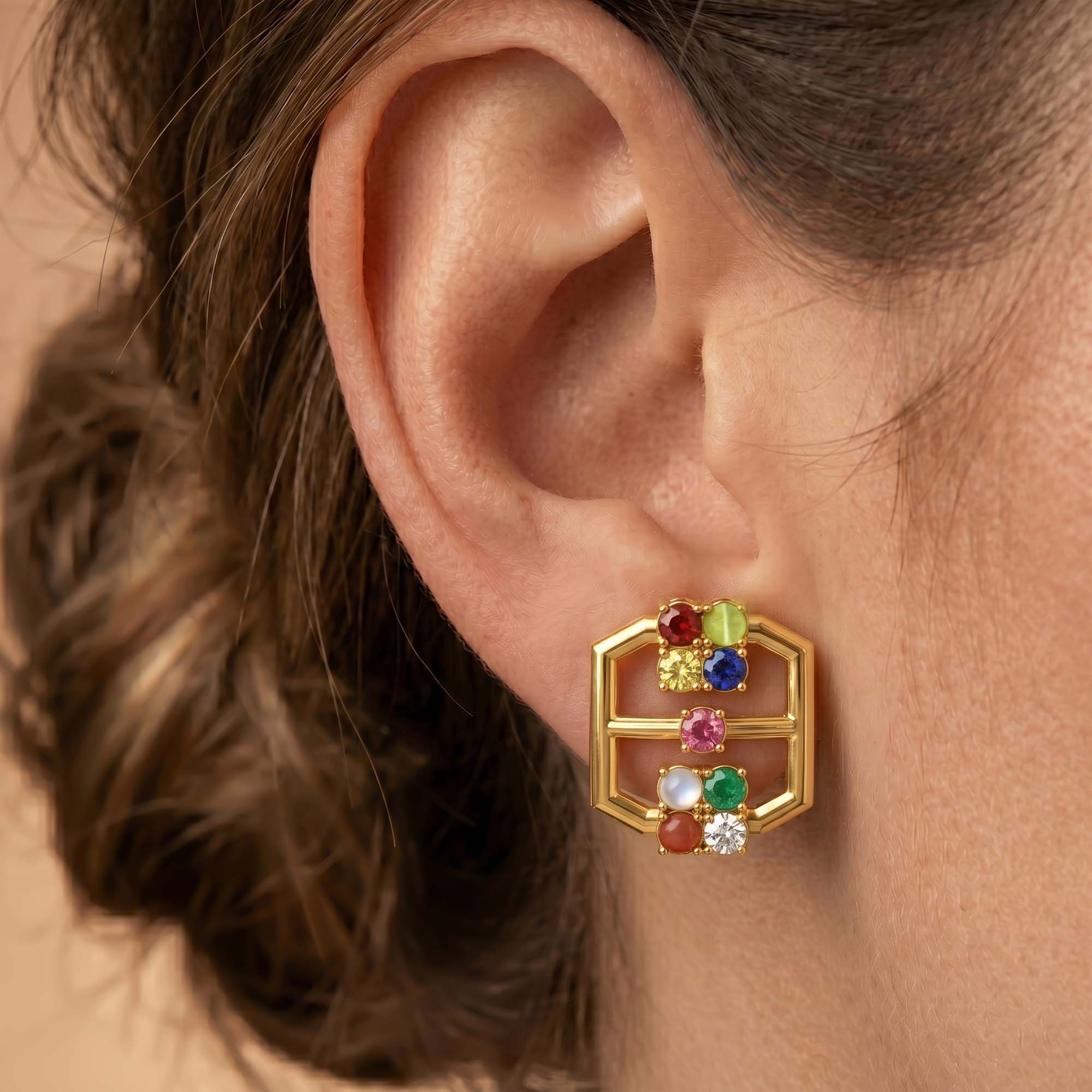 Navratna (Navaratna) Stud Earrings in 22K Yellow Gold – 2.8 mm stones, 4 g (Design K1-12) thumbnail