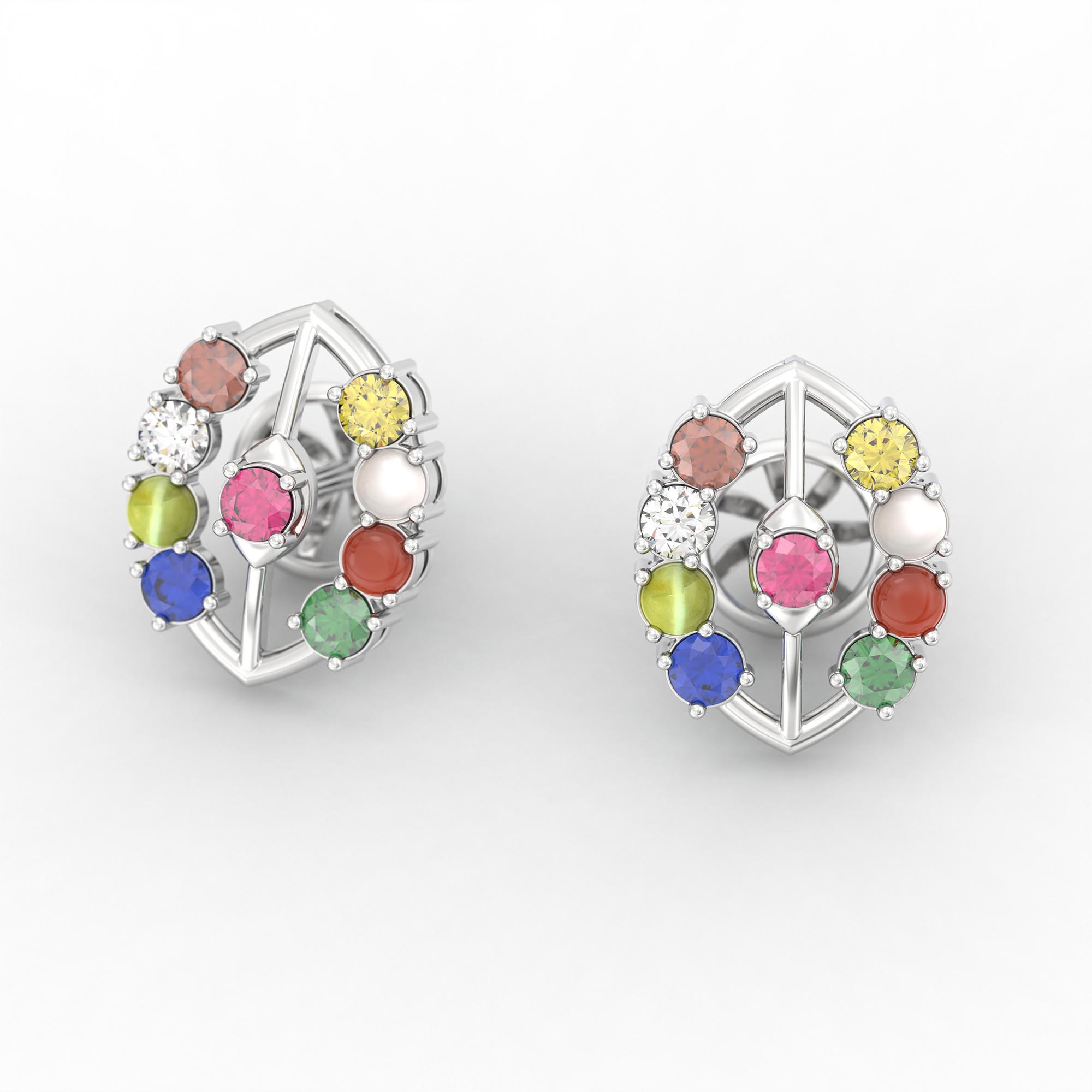 Navratna (Navaratna) Stud Earrings in 18K White Gold – 2.8 mm stones, 4 g (Design K1-13) thumbnail