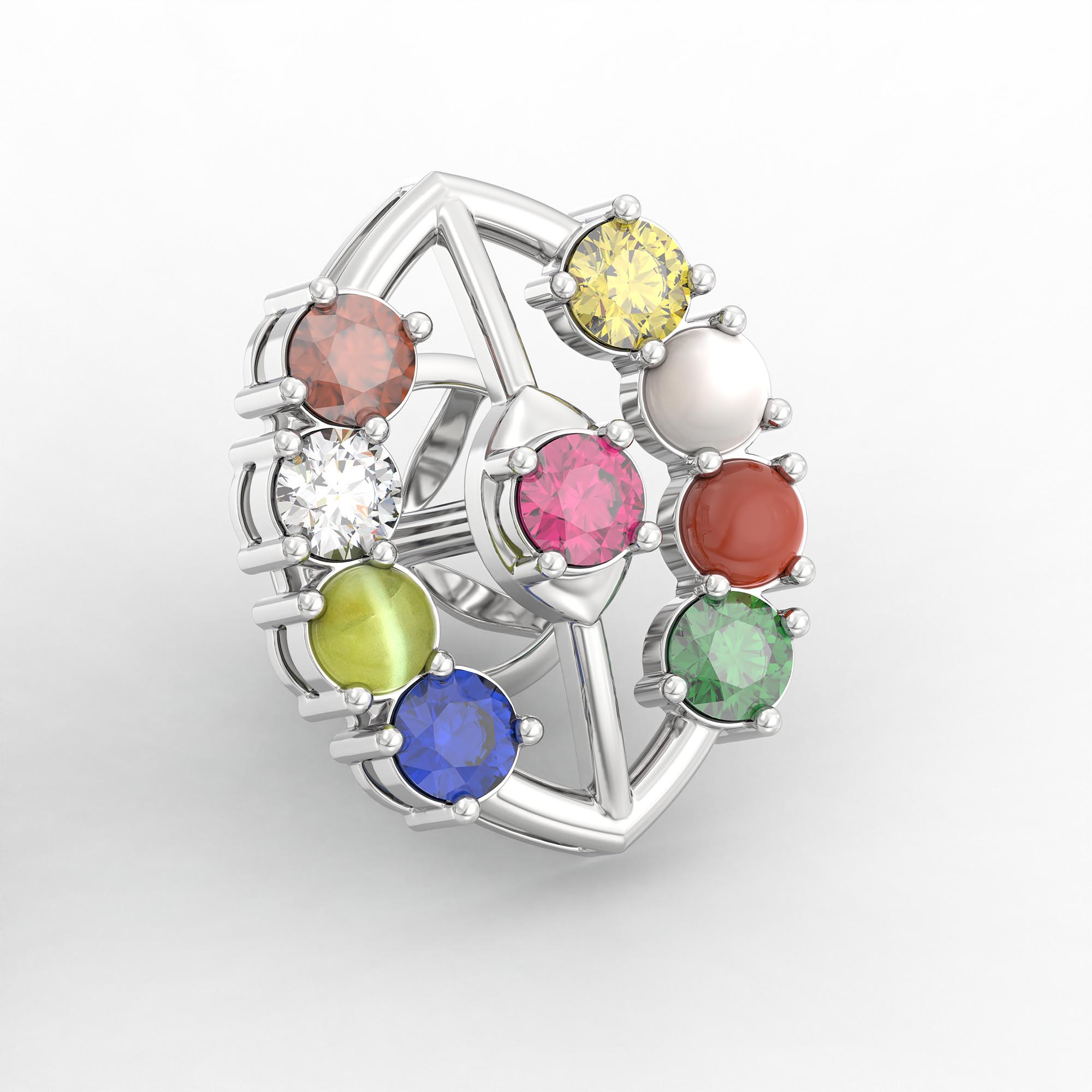Navratna (Navaratna) Stud Earrings in 18K White Gold – 2.8 mm stones, 4 g (Design K1-13) thumbnail
