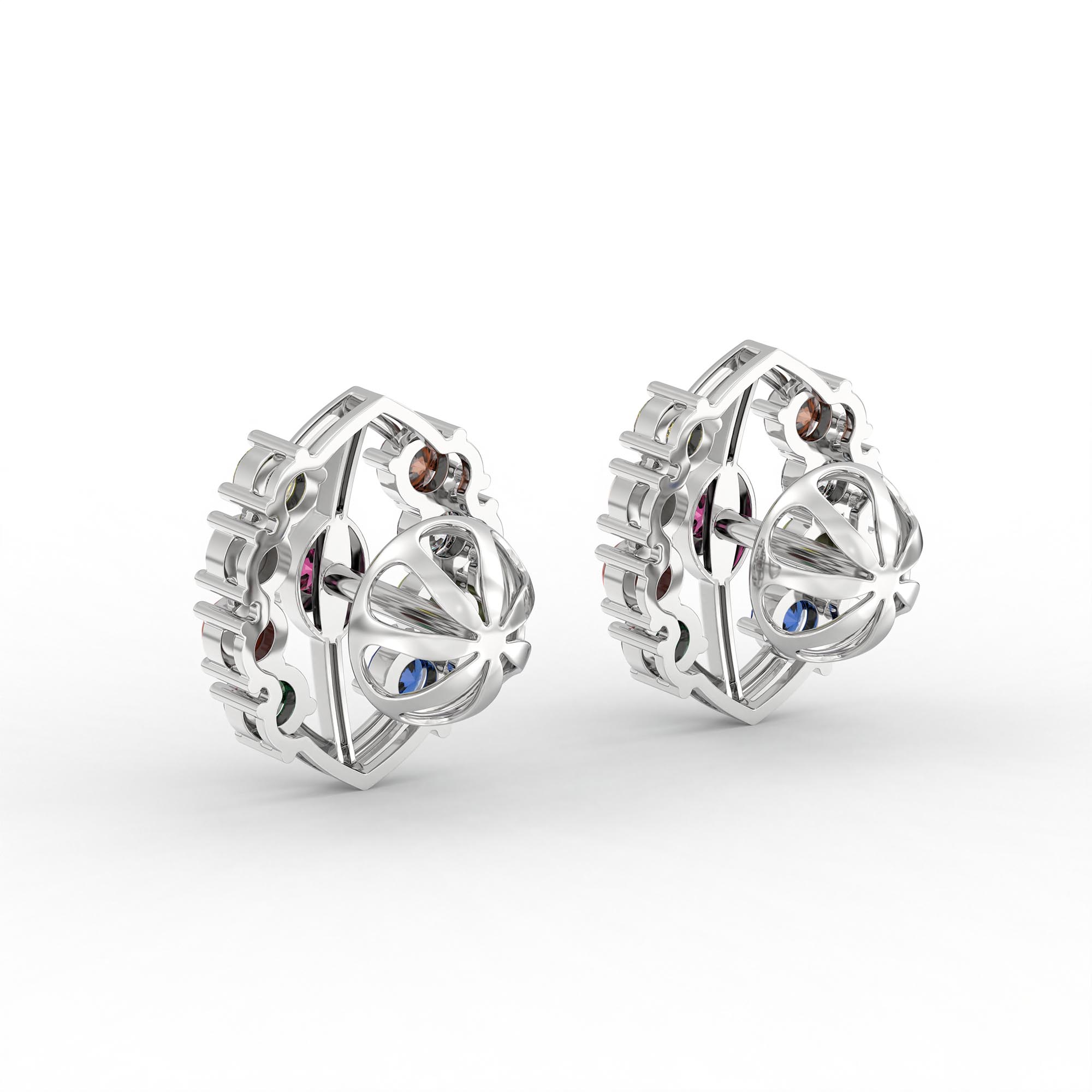 Navratna (Navaratna) Stud Earrings in 18K White Gold – 2.8 mm stones, 4 g (Design K1-13) thumbnail