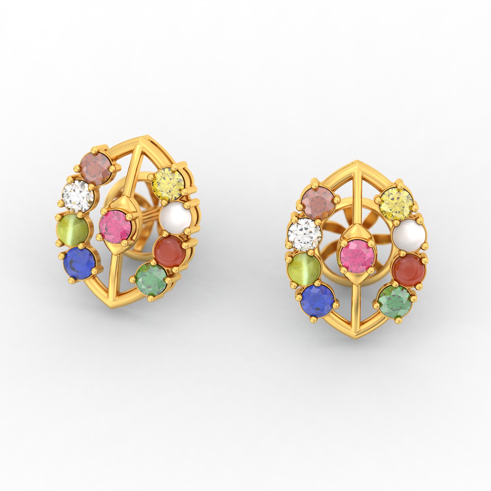 Navratna (Navaratna) Stud Earrings in 22K Yellow Gold – 2.8 mm stones, 4 g (Design K1-13) thumbnail