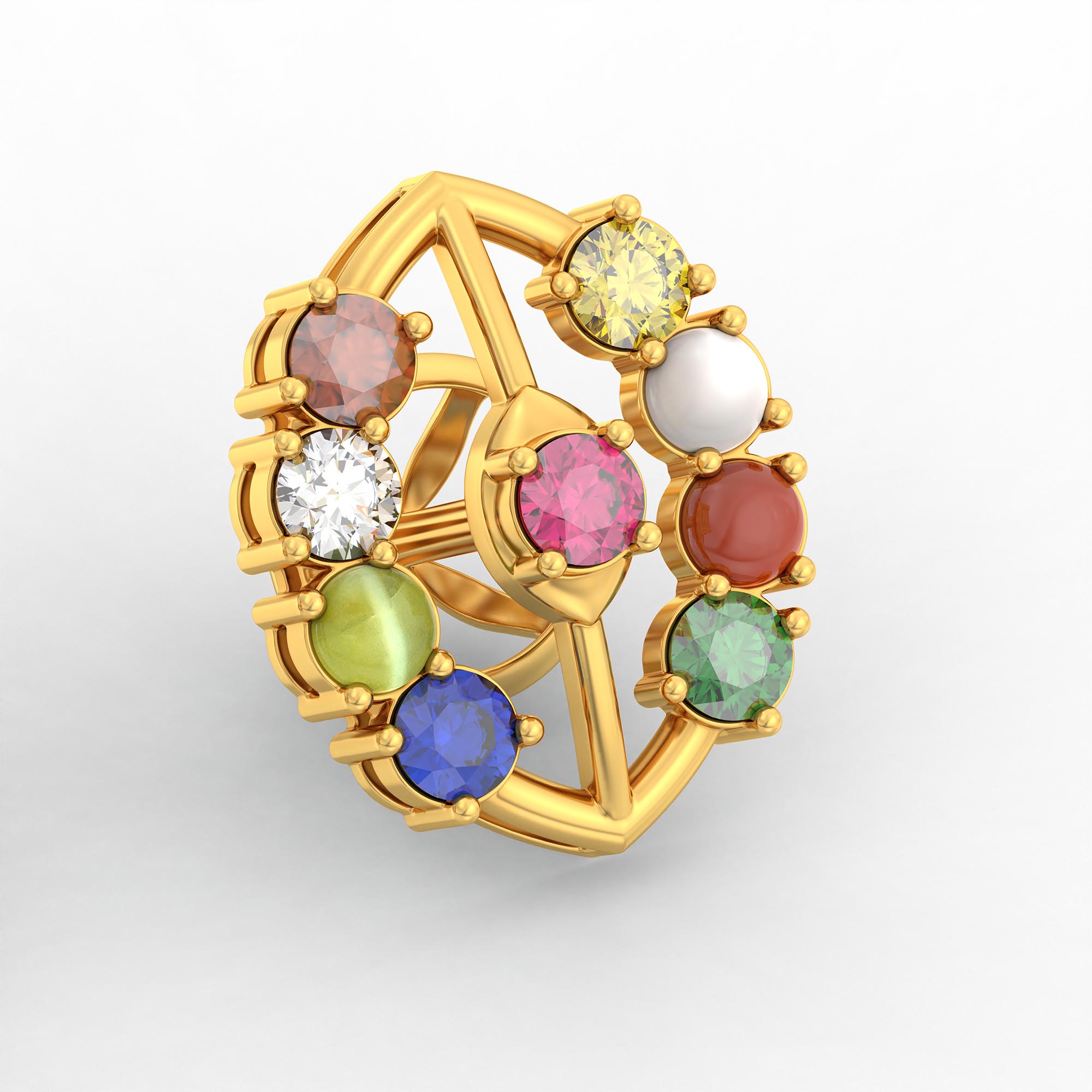 Navratna (Navaratna) Stud Earrings in 22K Yellow Gold – 2.8 mm stones, 4 g (Design K1-13) thumbnail