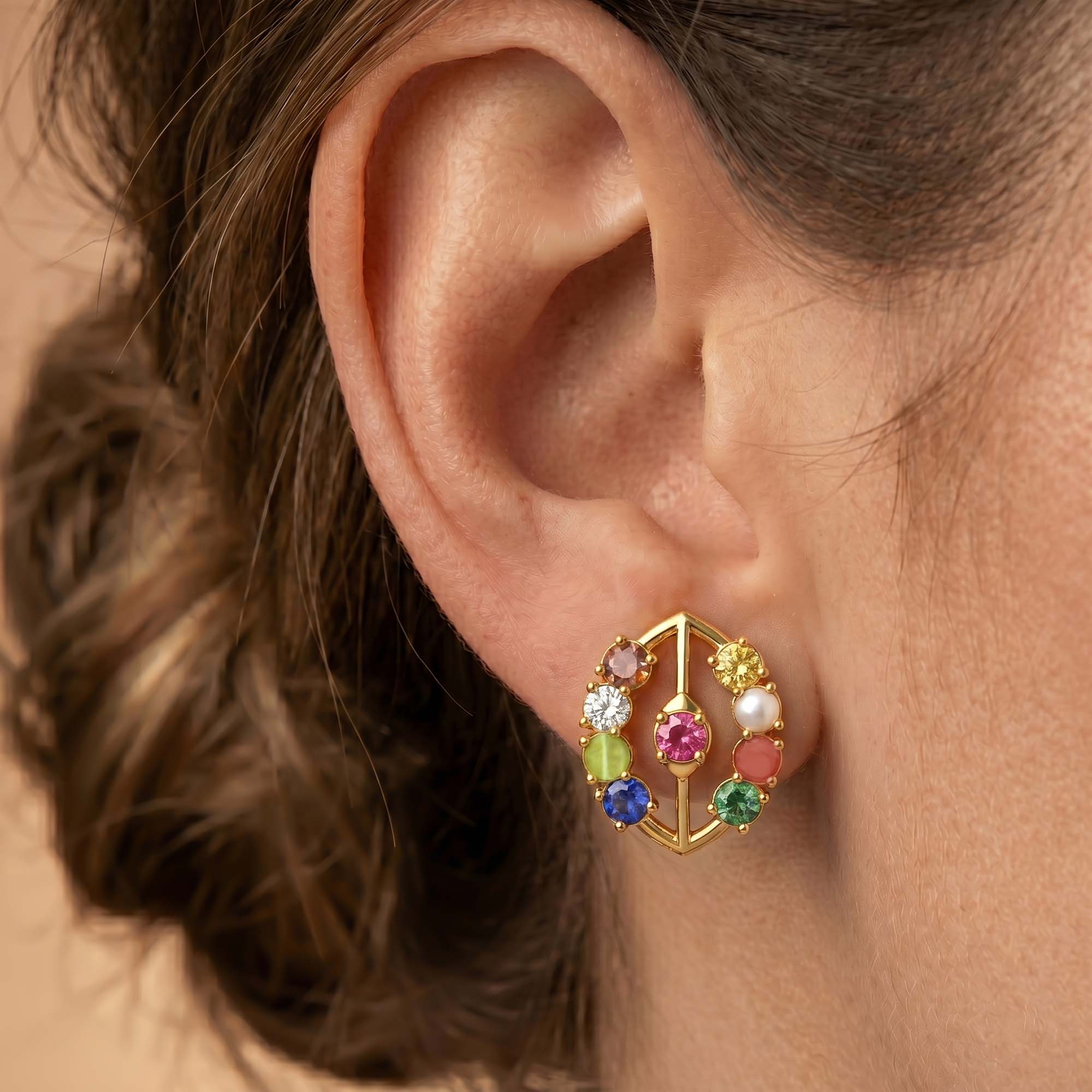 Navratna (Navaratna) Stud Earrings in 22K Yellow Gold – 2.8 mm stones, 4 g (Design K1-13) thumbnail