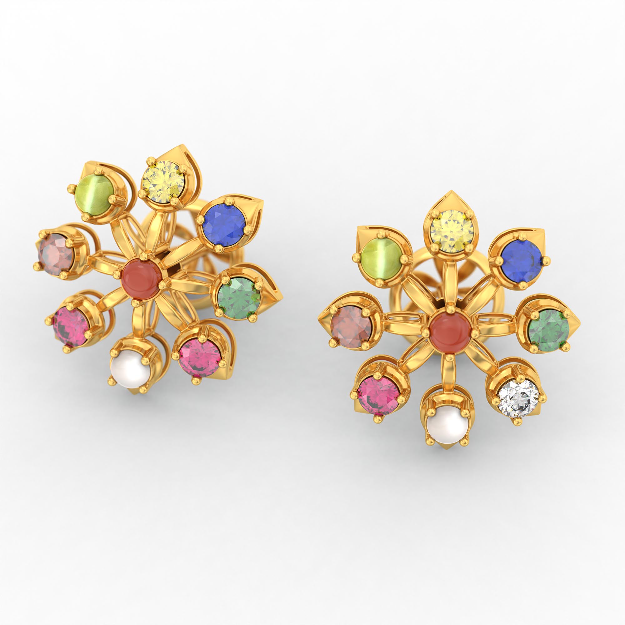 Navratna (Navaratna) Stud Earrings in 22K Yellow Gold – 2.8 mm stones, 4 g (Design K1-15) thumbnail