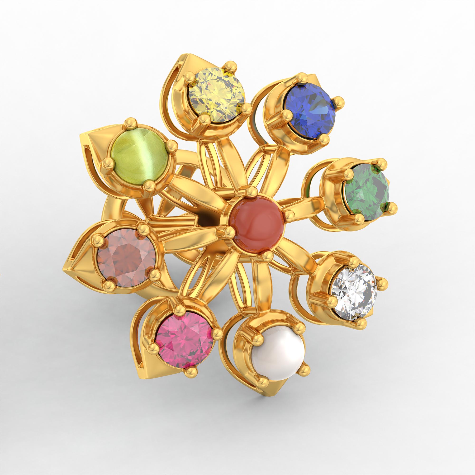 Navratna (Navaratna) Stud Earrings in 22K Yellow Gold – 2.8 mm stones, 4 g (Design K1-15) thumbnail