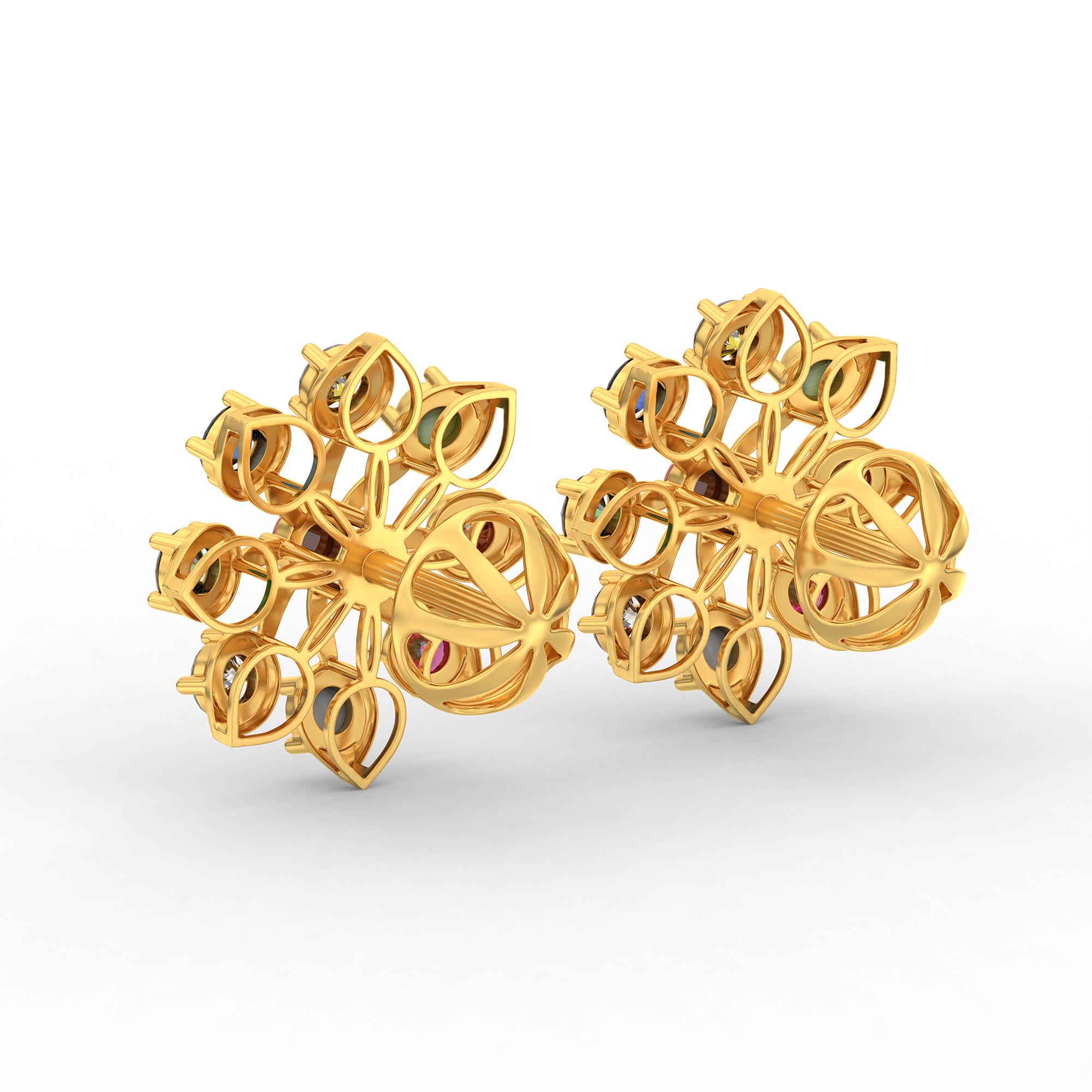 Navratna (Navaratna) Stud Earrings in 22K Yellow Gold – 2.8 mm stones, 4 g (Design K1-15) thumbnail