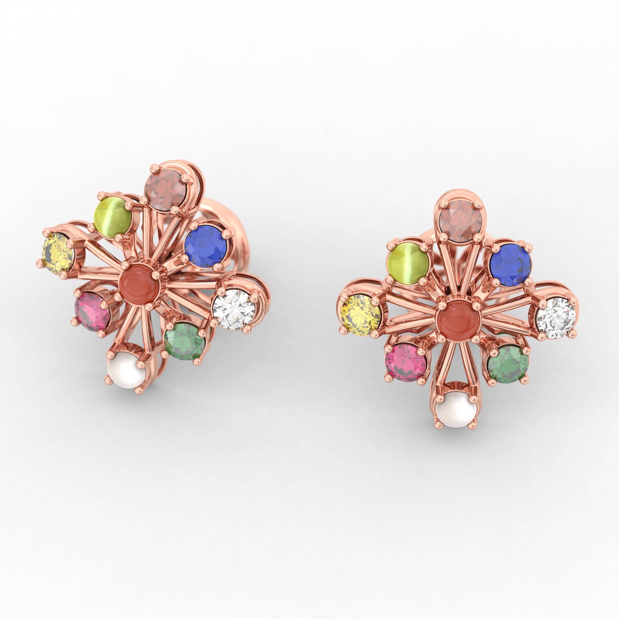 Navratna (Navaratna) Stud Earrings in 18K Rose Gold – 2.8 mm stones, 4 g (Design K1-16) thumbnail