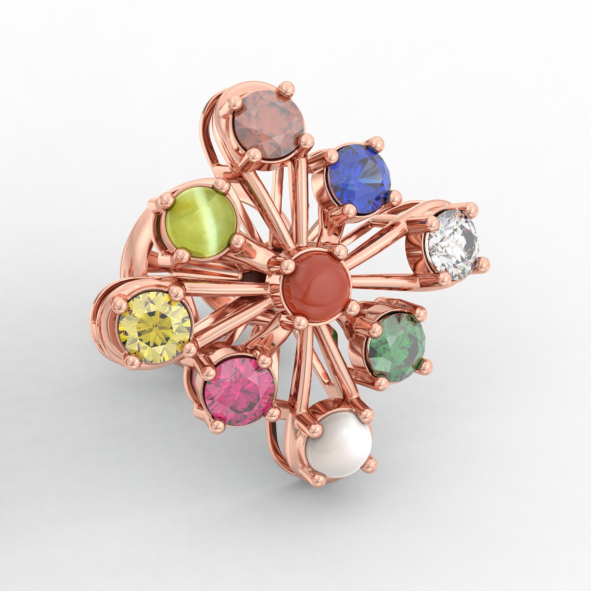 Navratna (Navaratna) Stud Earrings in 18K Rose Gold – 2.8 mm stones, 4 g (Design K1-16) thumbnail
