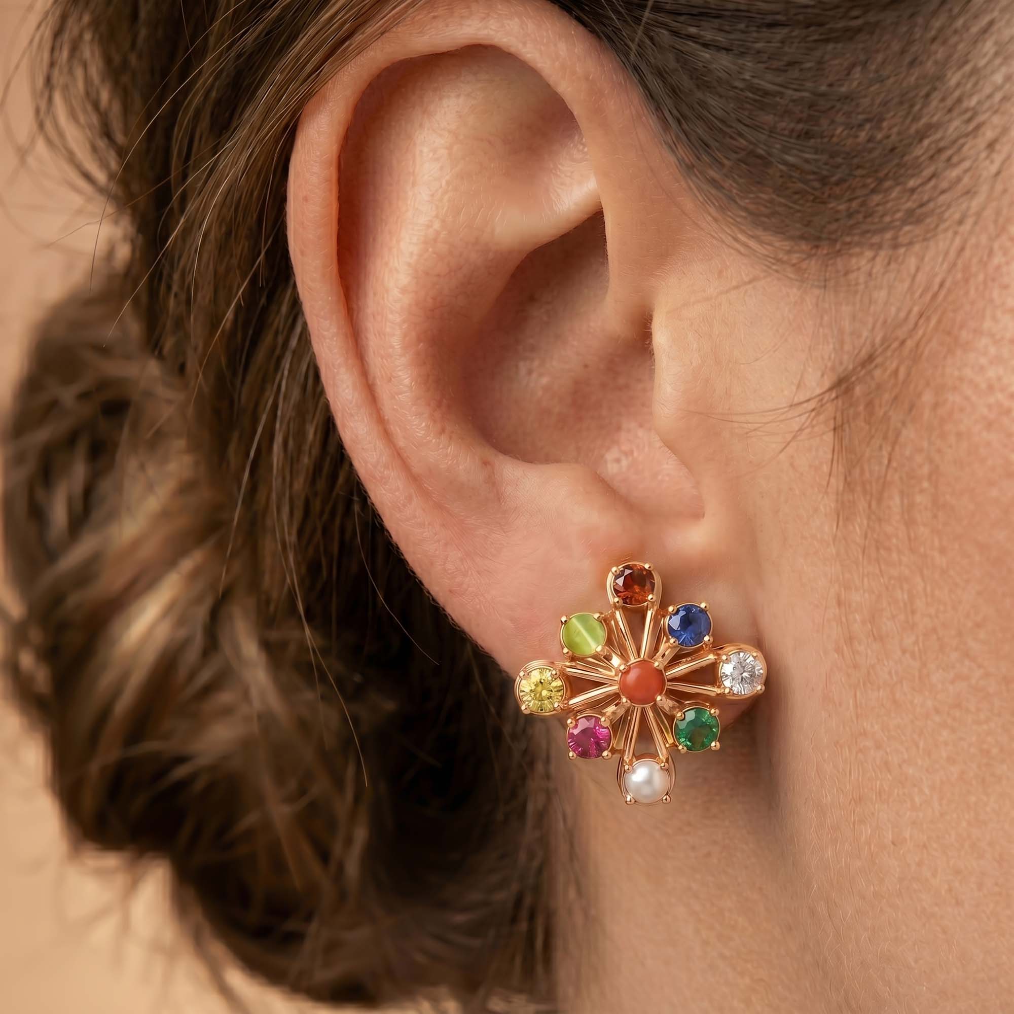 Navratna (Navaratna) Stud Earrings in 18K Rose Gold – 2.8 mm stones, 4 g (Design K1-16) thumbnail