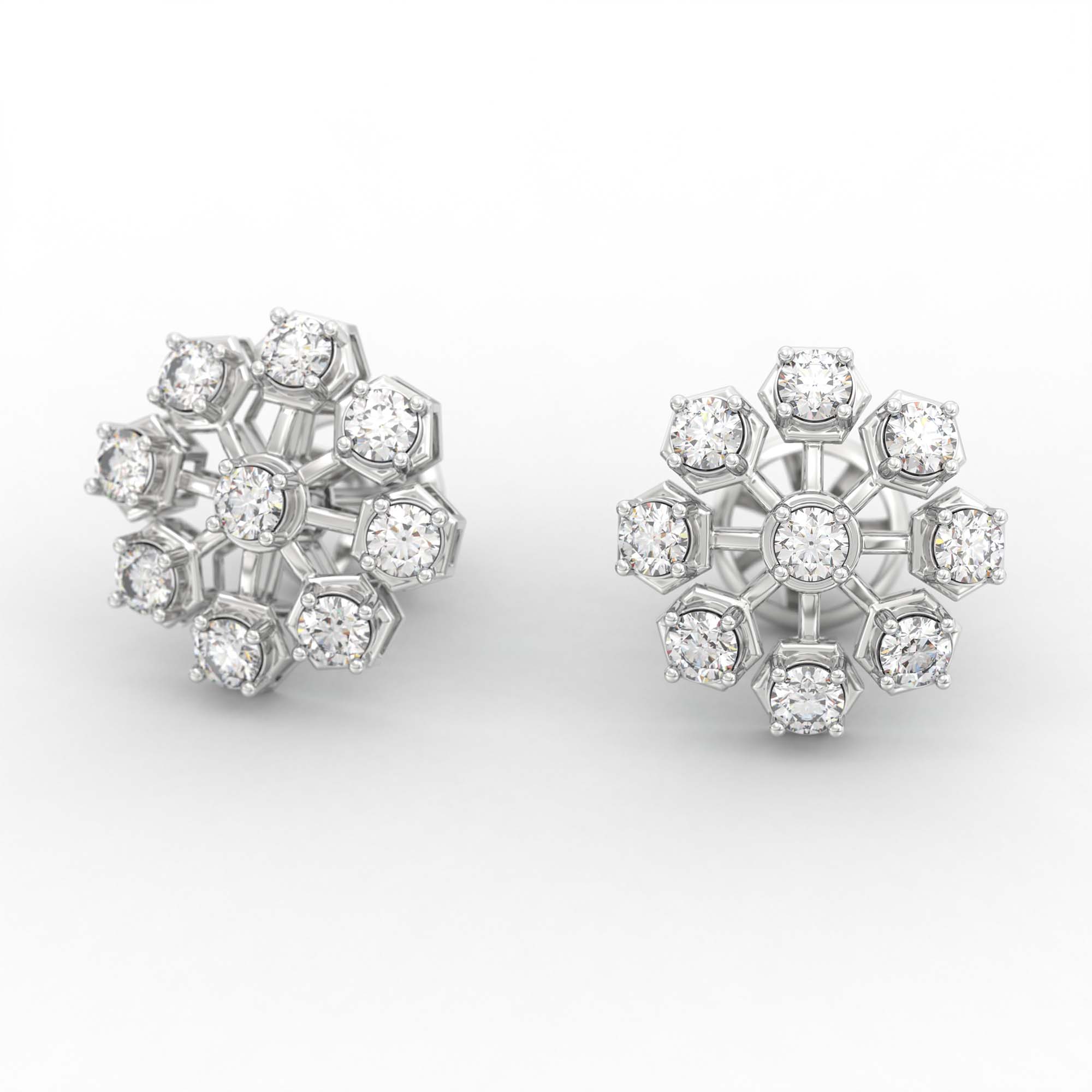Lab-Grown Diamond Stud Earrings (Tops) in 18K White Gold – 1.62 Ct, 18 Diamonds, 4 g (Design K1-17) thumbnail