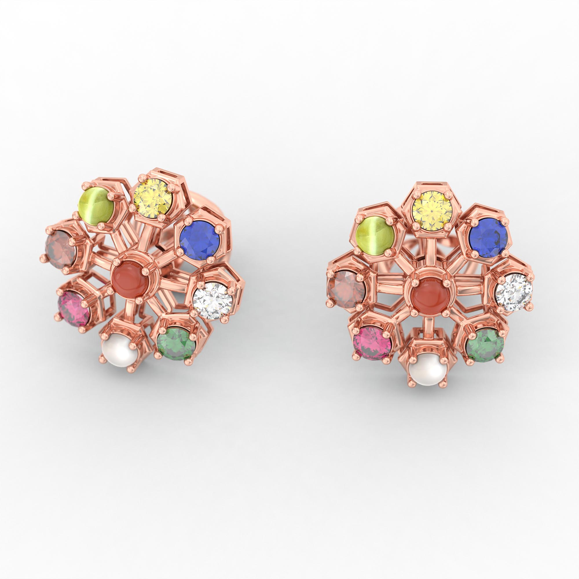 Navratna (Navaratna) Stud Earrings in 18K Rose Gold – 2.8 mm stones, 4 g (Design K1-17) thumbnail
