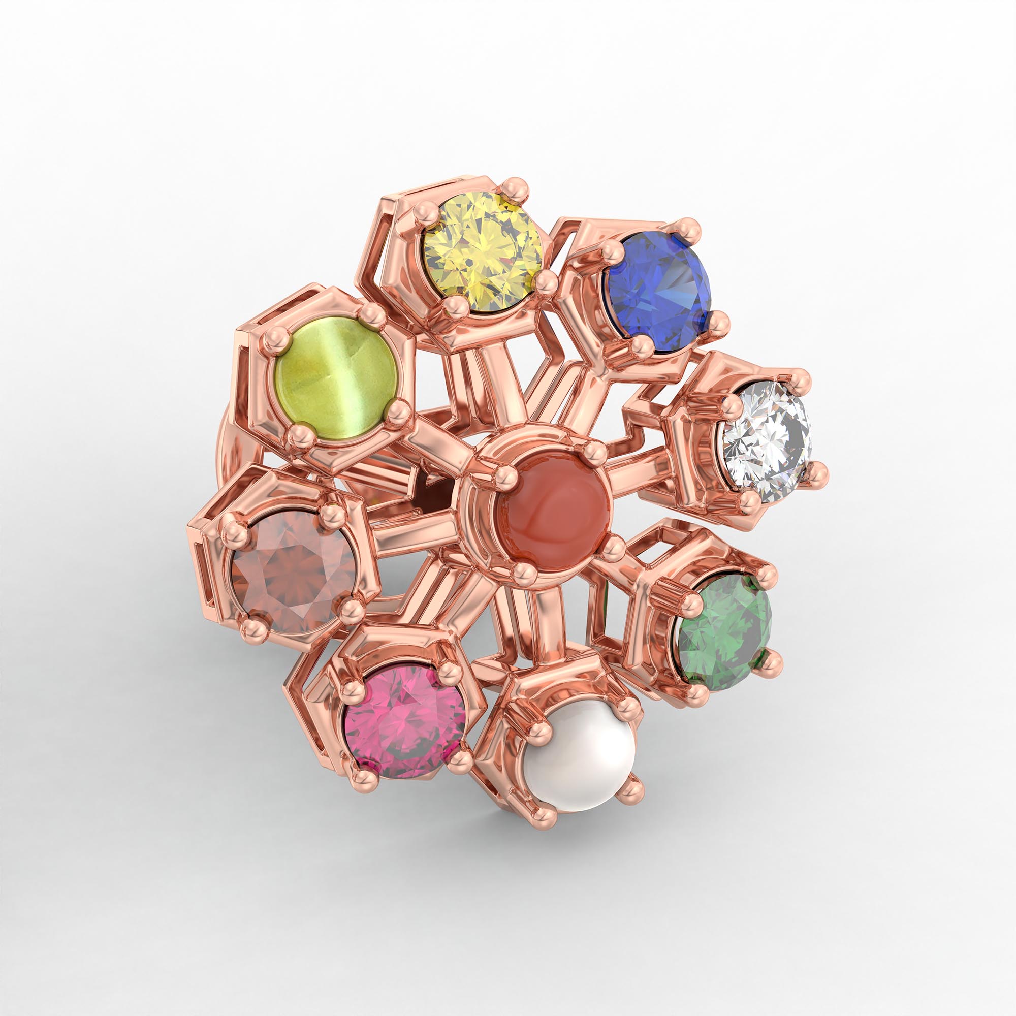 Navratna (Navaratna) Stud Earrings in 18K Rose Gold – 2.8 mm stones, 4 g (Design K1-17) thumbnail