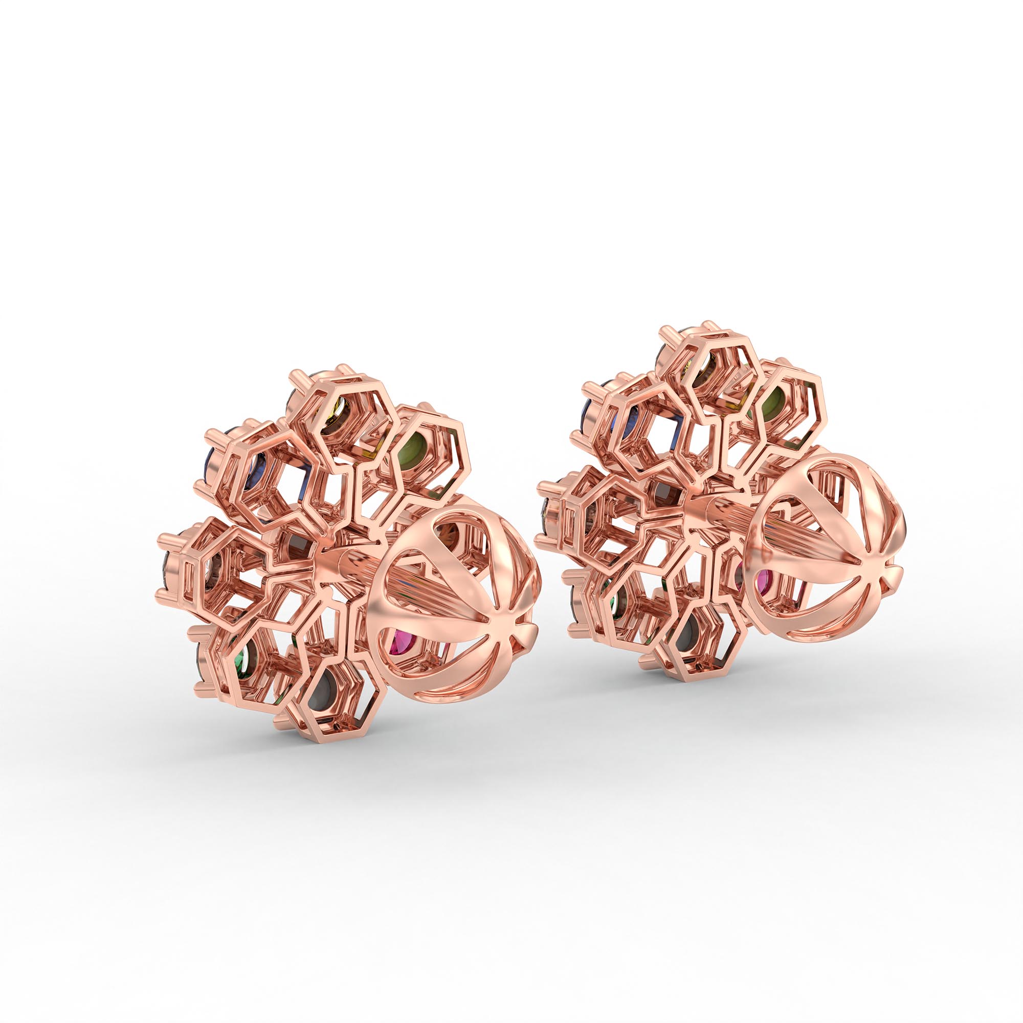 Navratna (Navaratna) Stud Earrings in 18K Rose Gold – 2.8 mm stones, 4 g (Design K1-17) thumbnail