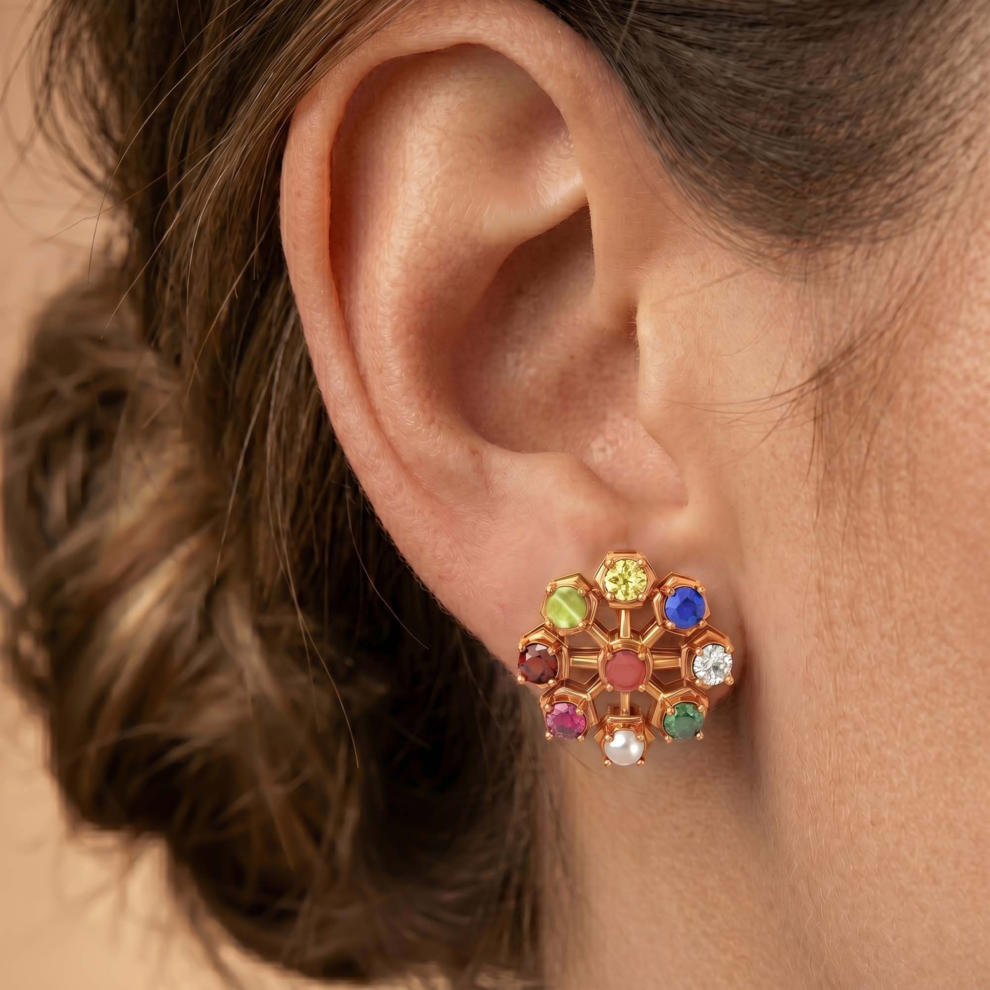 Navratna (Navaratna) Stud Earrings in 18K Rose Gold – 2.8 mm stones, 4 g (Design K1-17) thumbnail