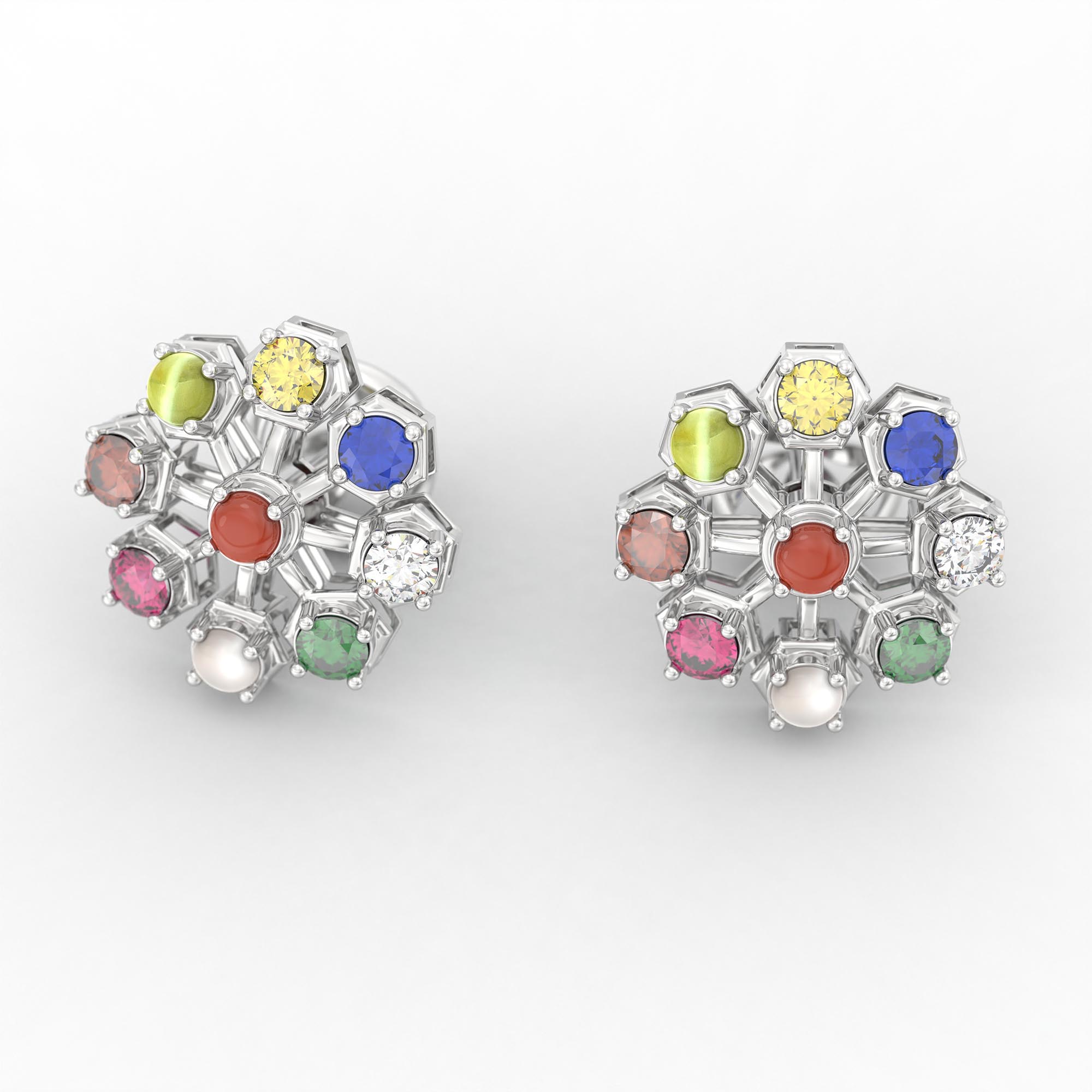 Navratna (Navaratna) Stud Earrings in 18K White Gold – 2.8 mm stones, 4 g (Design K1-17) thumbnail
