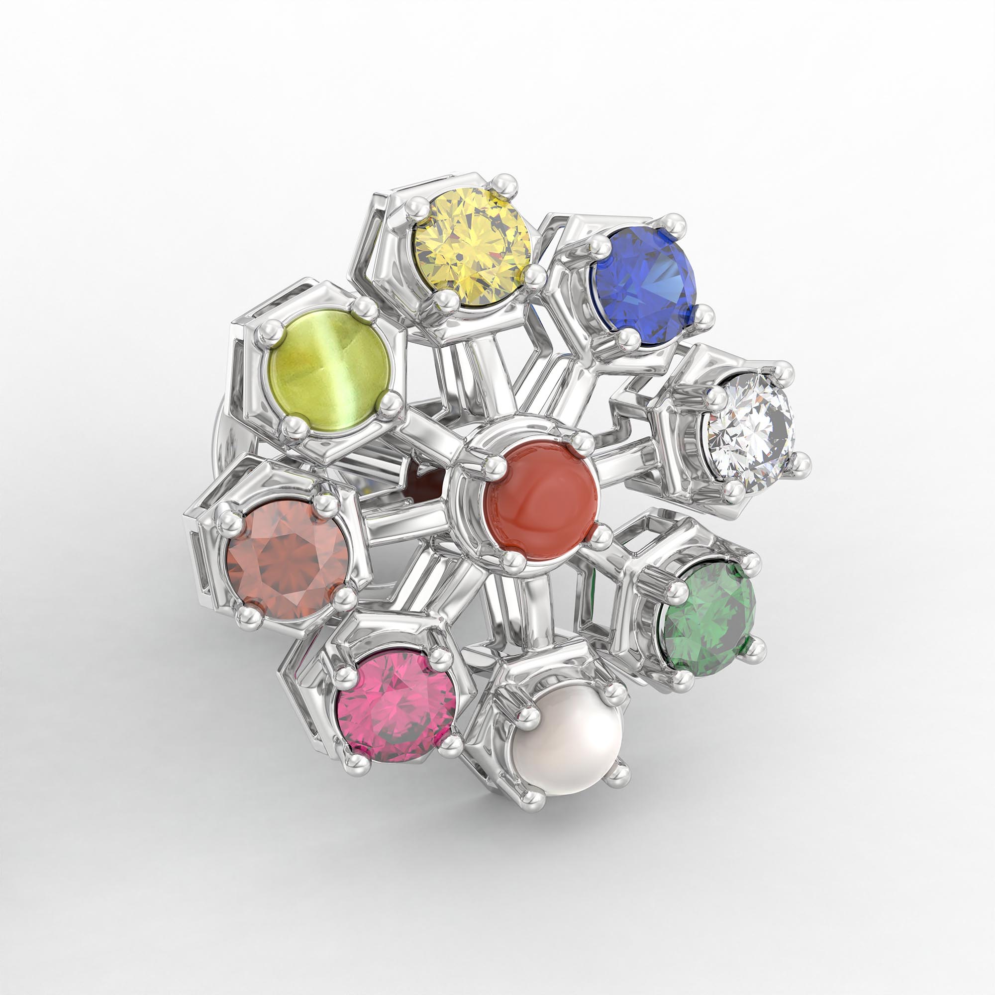 Navratna (Navaratna) Stud Earrings in 18K White Gold – 2.8 mm stones, 4 g (Design K1-17) thumbnail