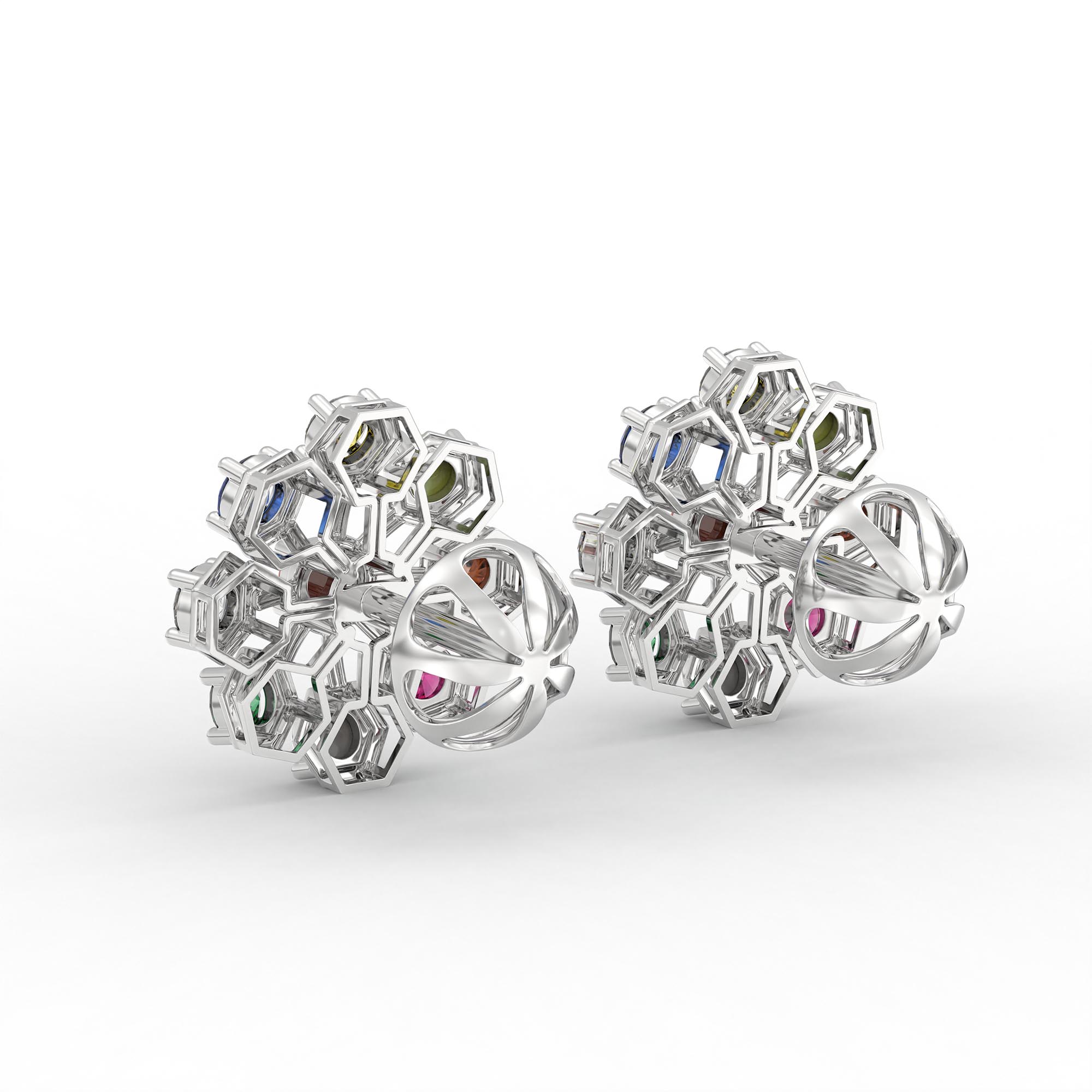 Navratna (Navaratna) Stud Earrings in 18K White Gold – 2.8 mm stones, 4 g (Design K1-17) thumbnail