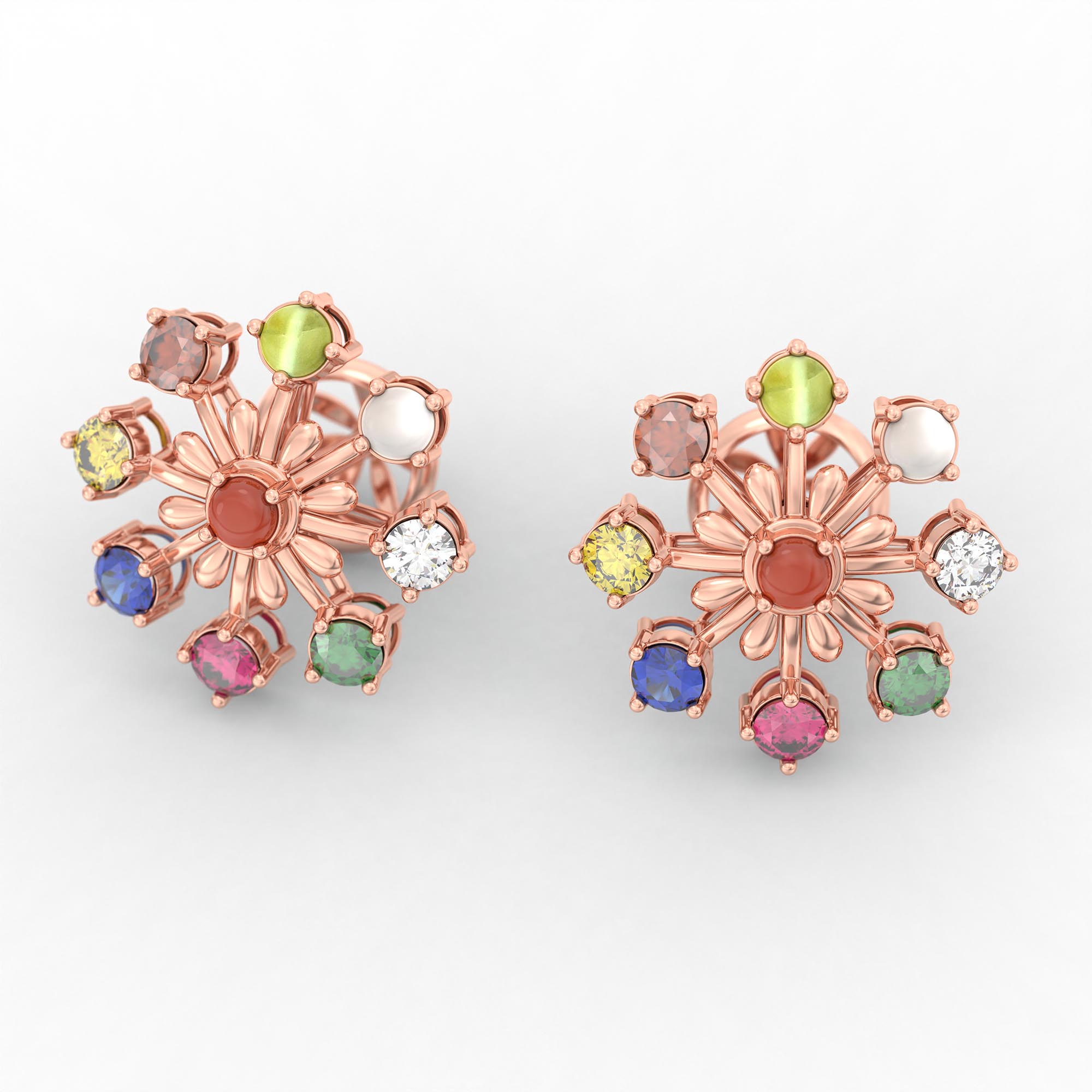 Navratna (Navaratna) Stud Earrings in 18K Rose Gold – 2.8 mm stones, 4 g (Design K1-18) thumbnail