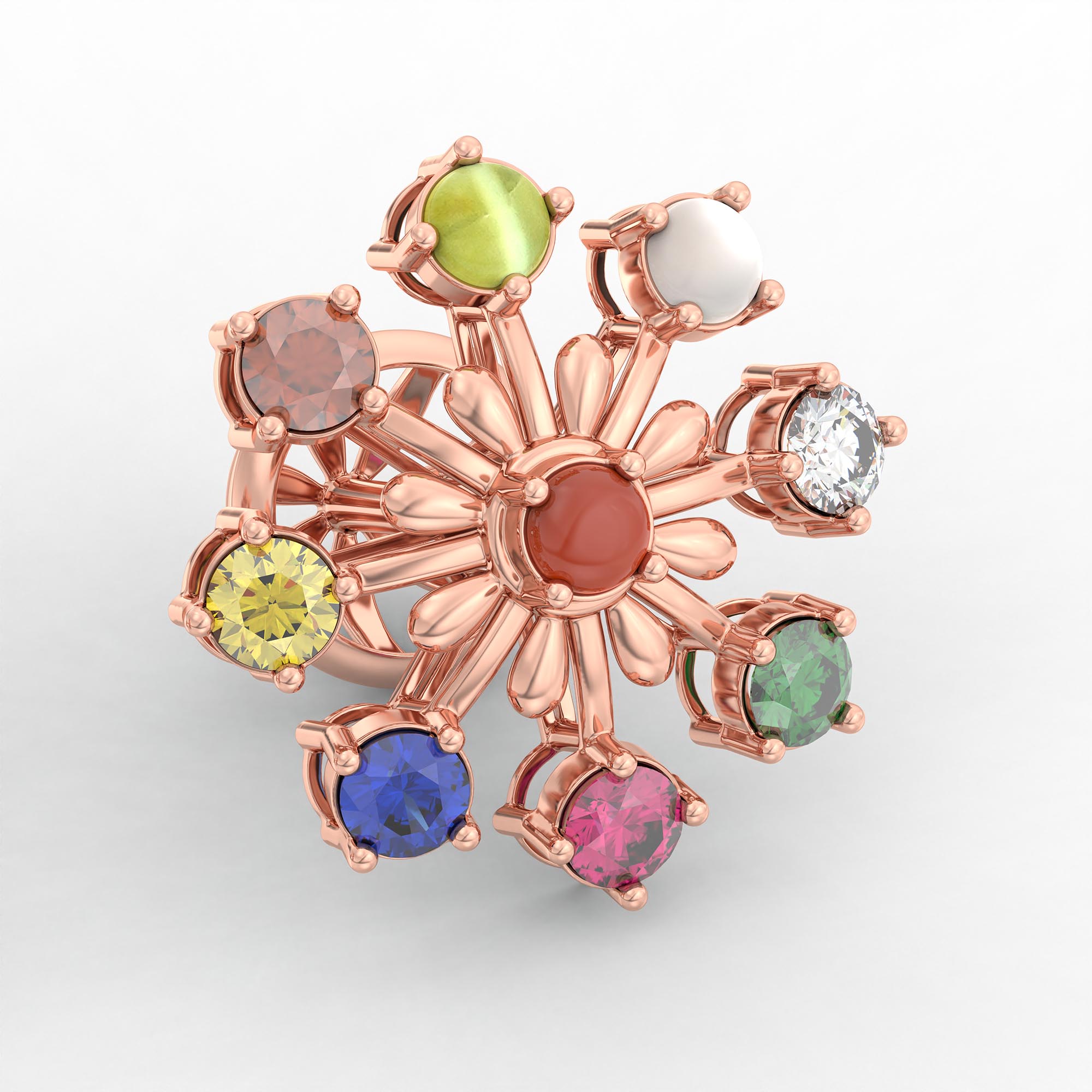 Navratna (Navaratna) Stud Earrings in 18K Rose Gold – 2.8 mm stones, 4 g (Design K1-18) thumbnail