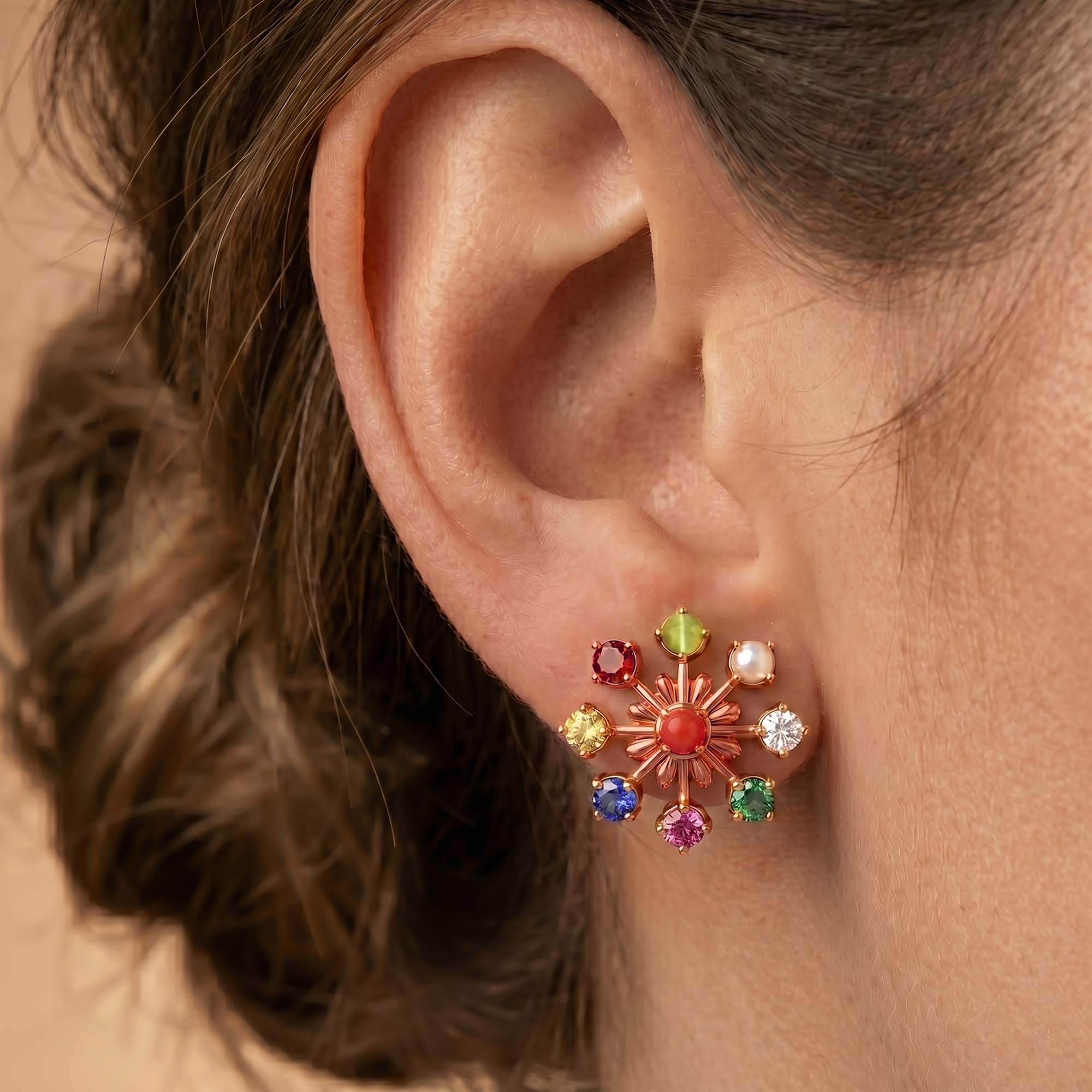 Navratna (Navaratna) Stud Earrings in 18K Rose Gold – 2.8 mm stones, 4 g (Design K1-18) thumbnail