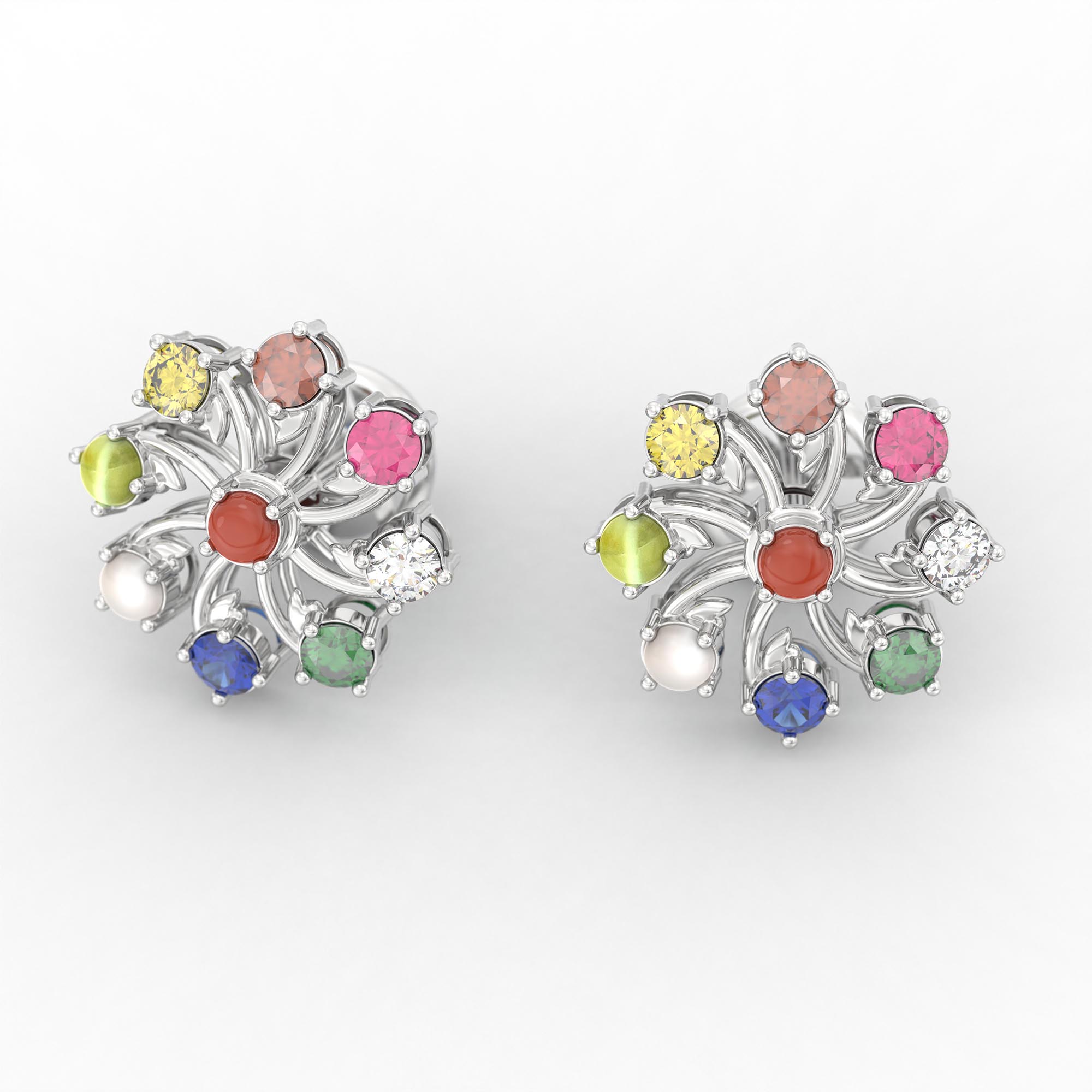 Navratna (Navaratna) Stud Earrings in 18K White Gold – 2.8 mm stones, 4 g (Design K1-19) thumbnail