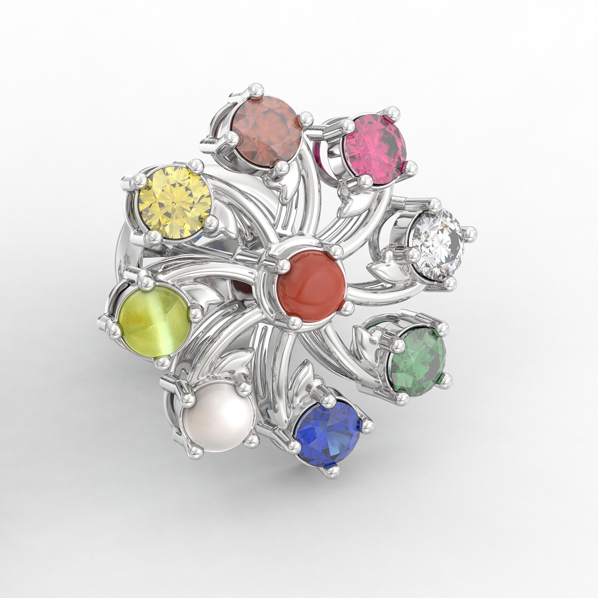Navratna (Navaratna) Stud Earrings in 18K White Gold – 2.8 mm stones, 4 g (Design K1-19) thumbnail