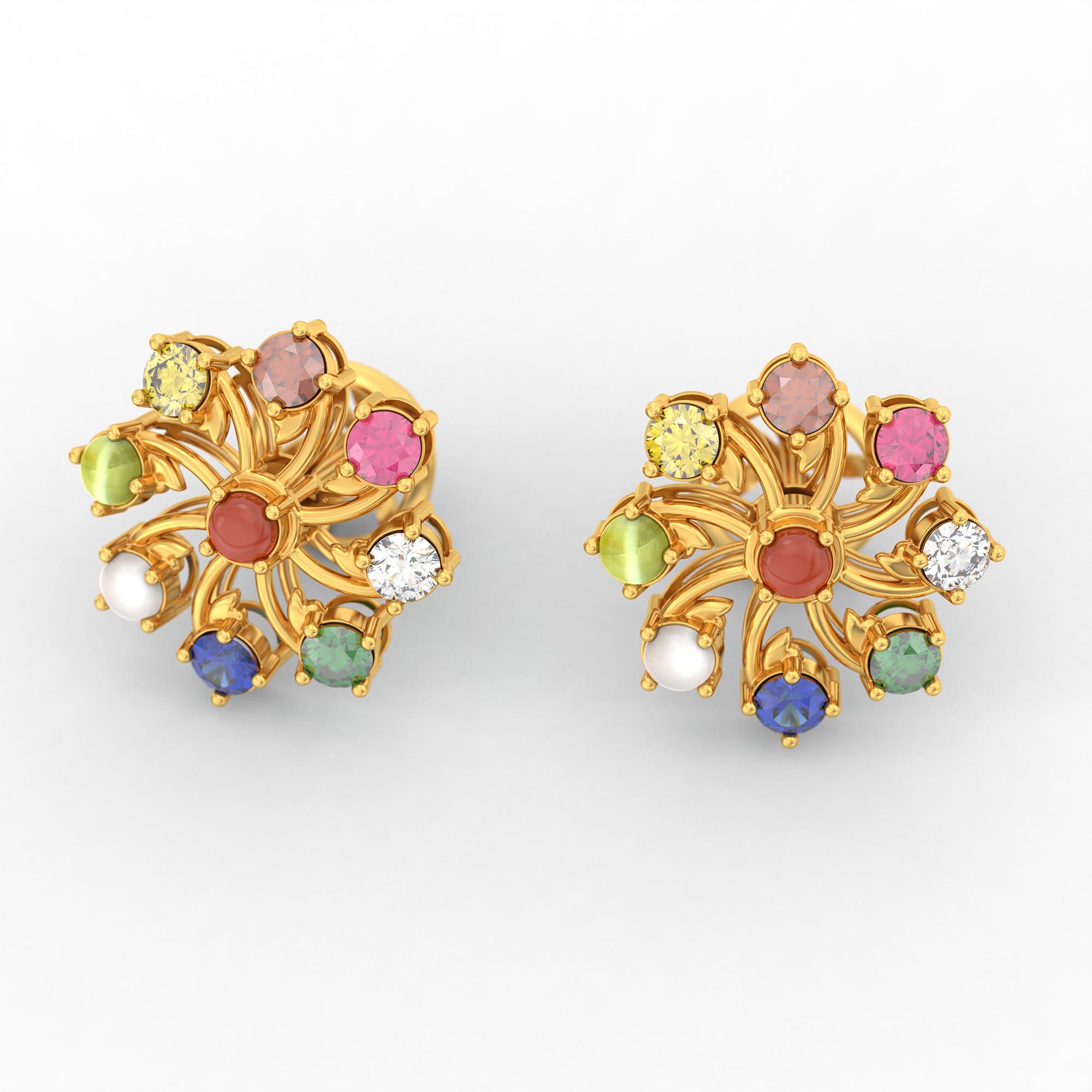 Navratna (Navaratna) Stud Earrings in 22K Yellow Gold – 2.8 mm stones, 4 g (Design K1-19) thumbnail