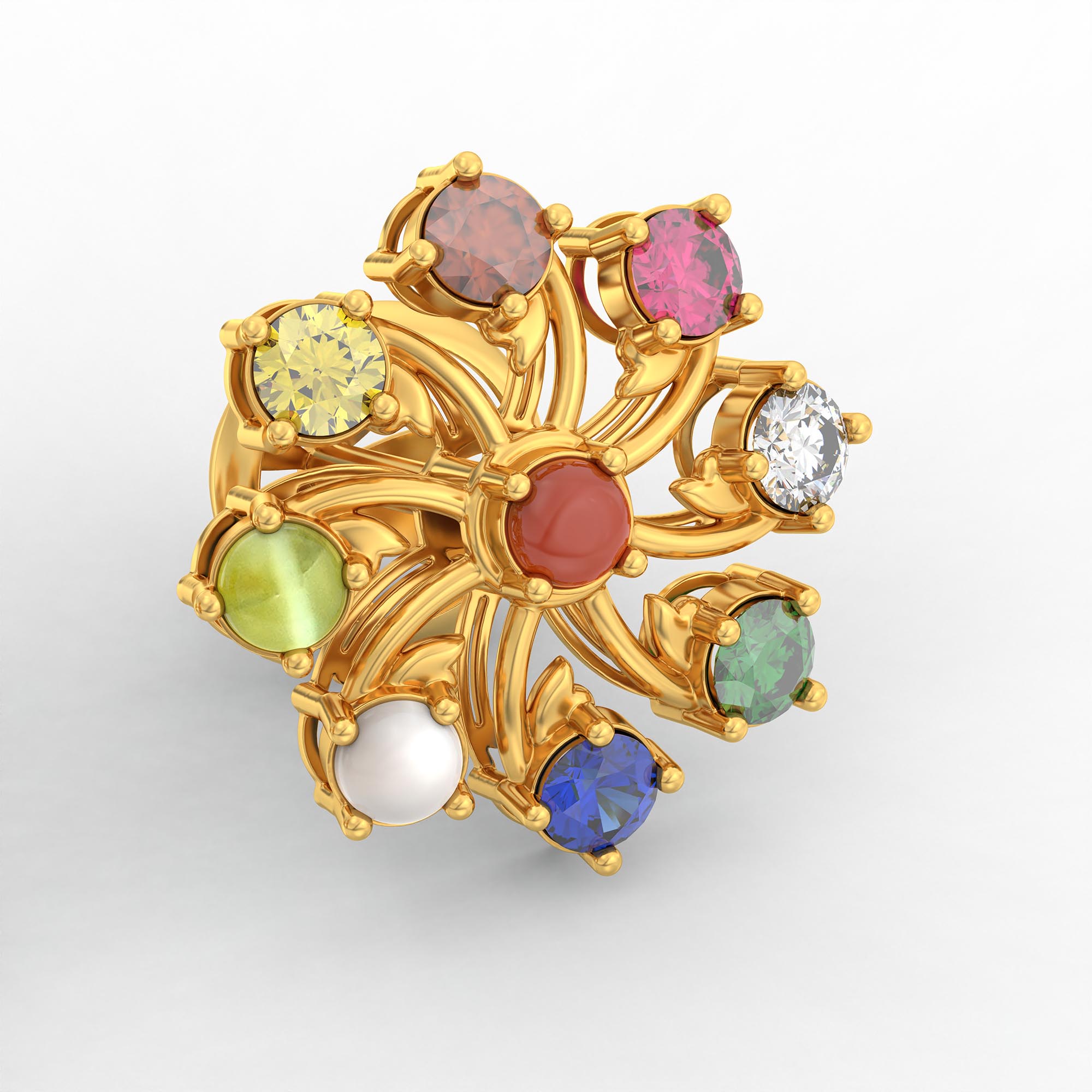 Navratna (Navaratna) Stud Earrings in 22K Yellow Gold – 2.8 mm stones, 4 g (Design K1-19) thumbnail