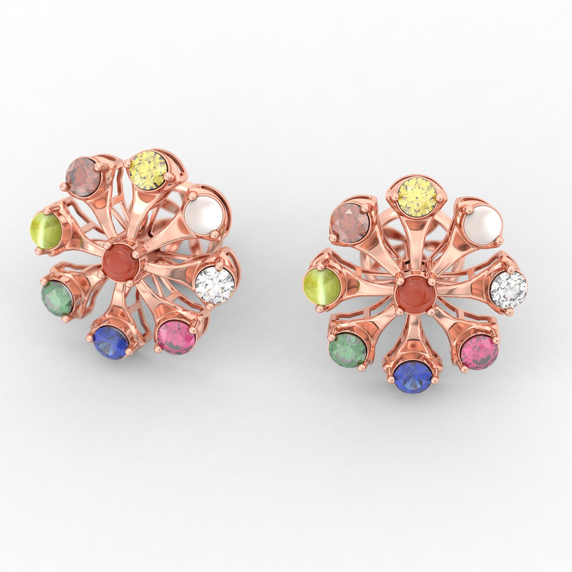 Navratna (Navaratna) Stud Earrings in 18K Rose Gold – 2.8 mm stones, 4 g (Design K1-22) thumbnail