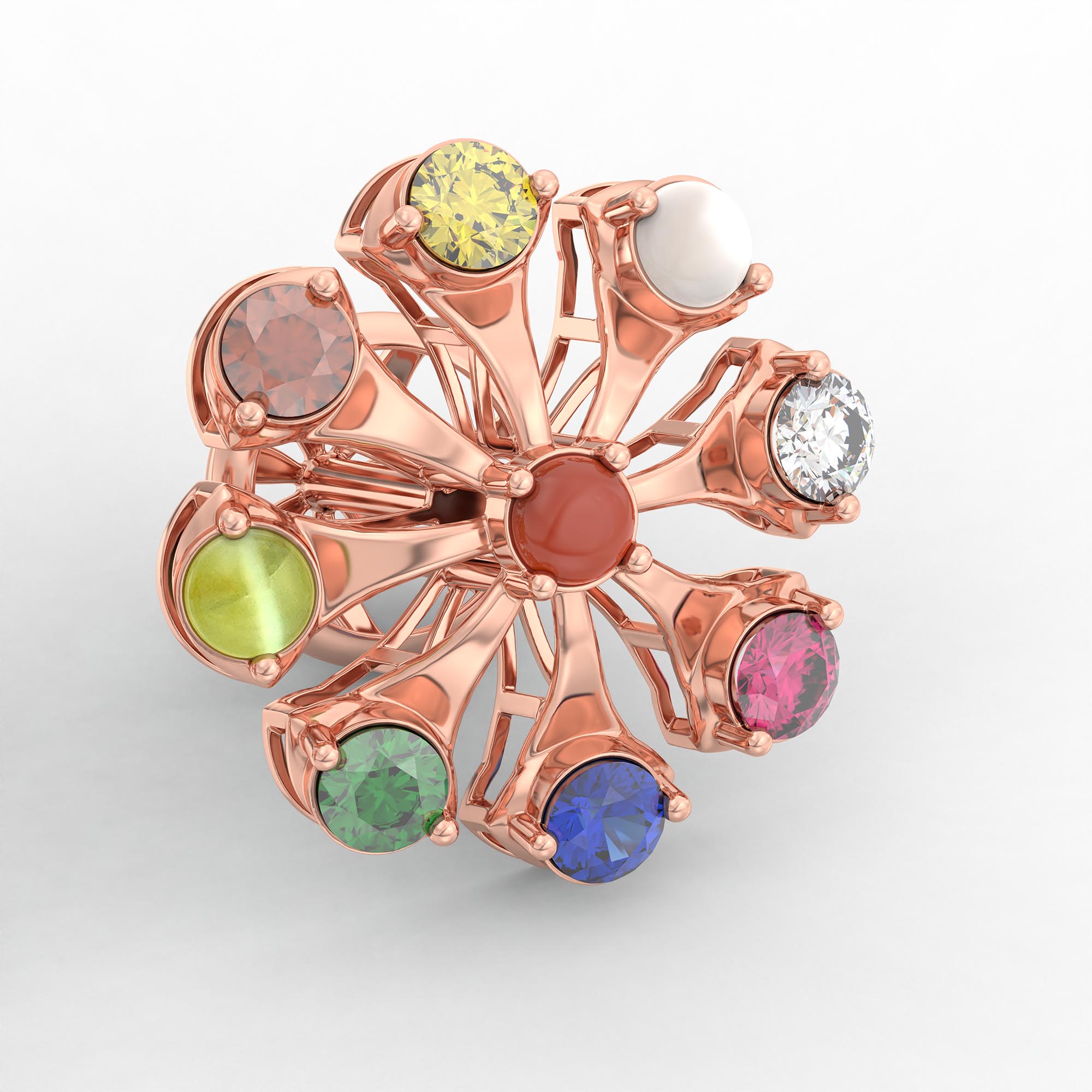 Navratna (Navaratna) Stud Earrings in 18K Rose Gold – 2.8 mm stones, 4 g (Design K1-22) thumbnail