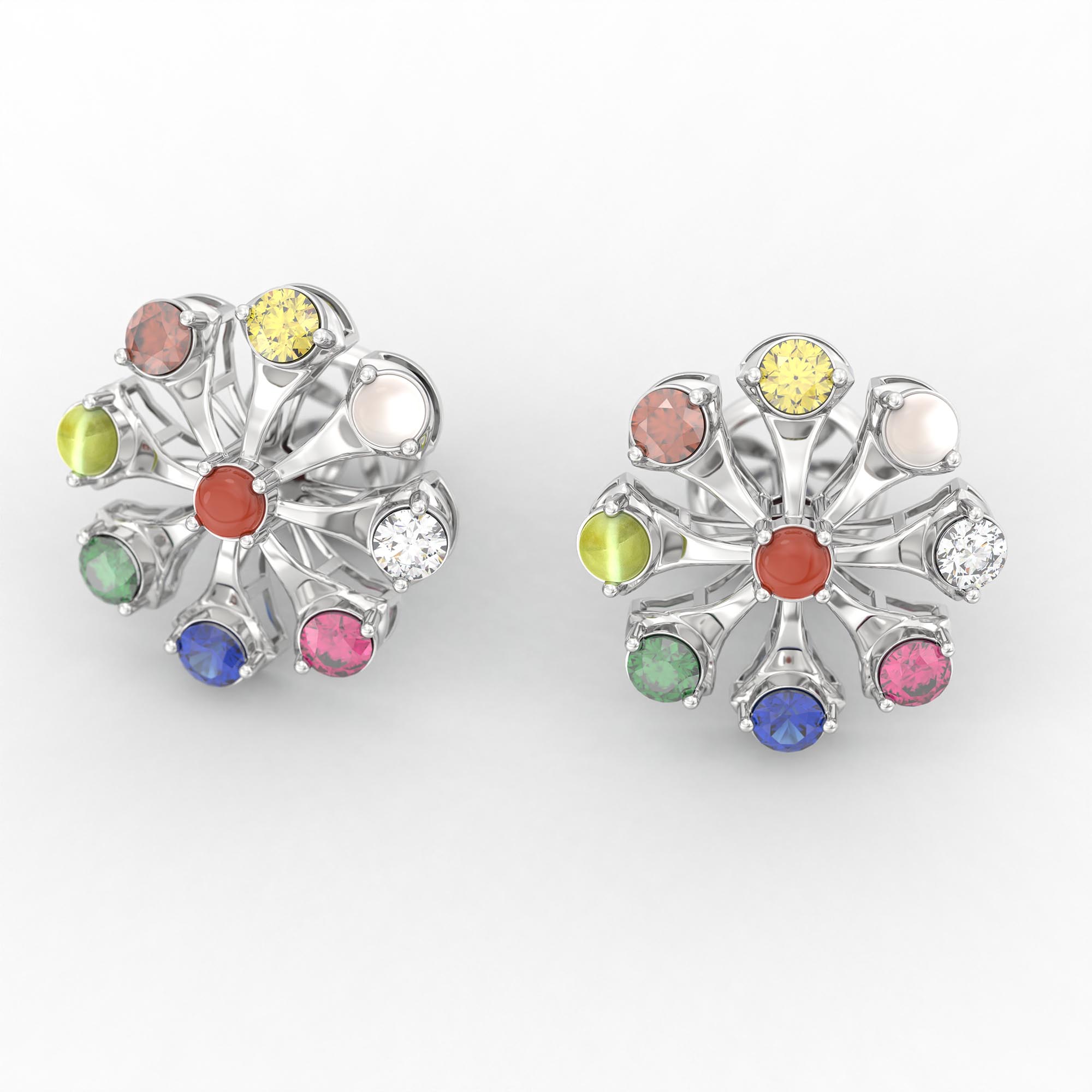 Navratna (Navaratna) Stud Earrings in 18K White Gold – 2.8 mm stones, 4 g (Design K1-22) thumbnail