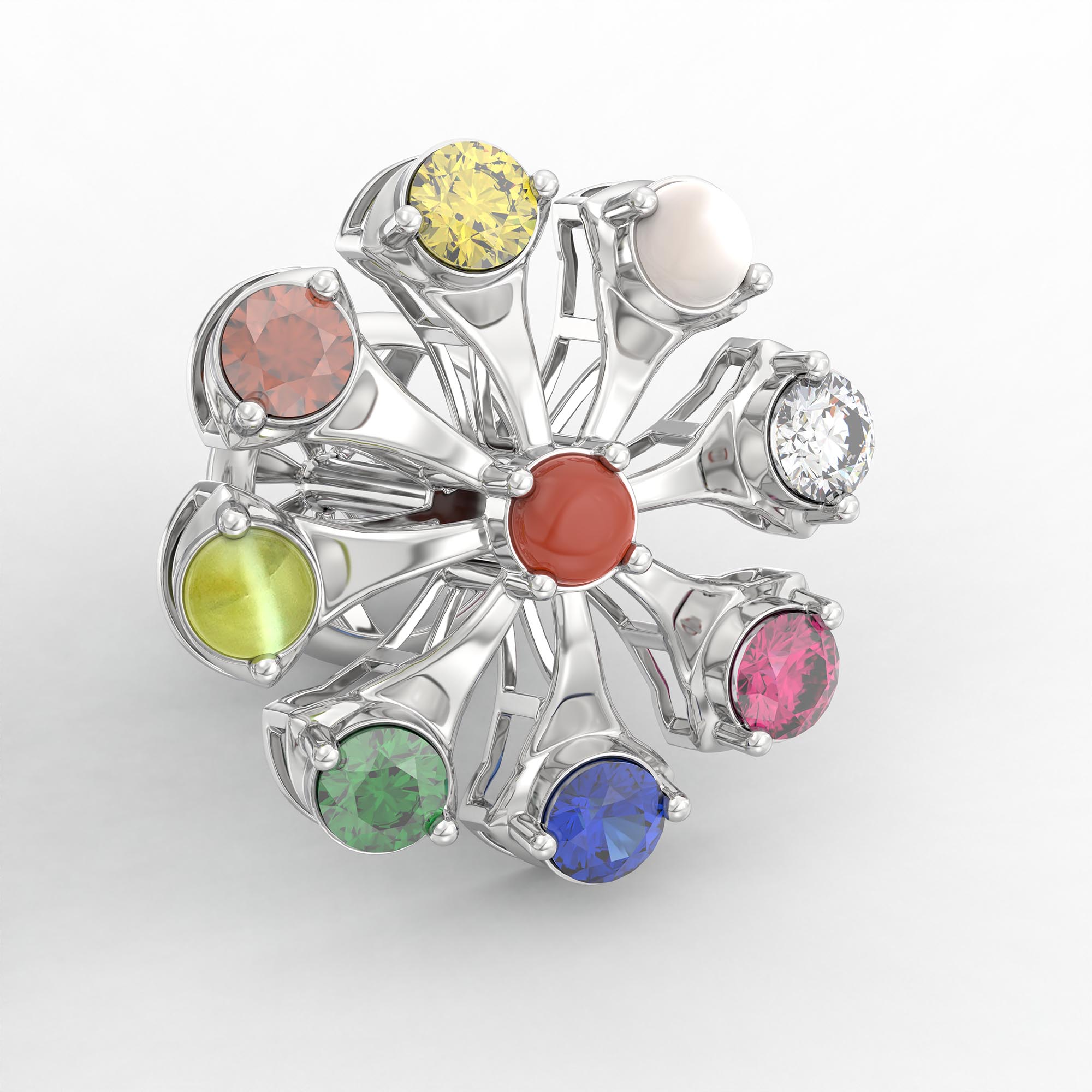 Navratna (Navaratna) Stud Earrings in 18K White Gold – 2.8 mm stones, 4 g (Design K1-22) thumbnail