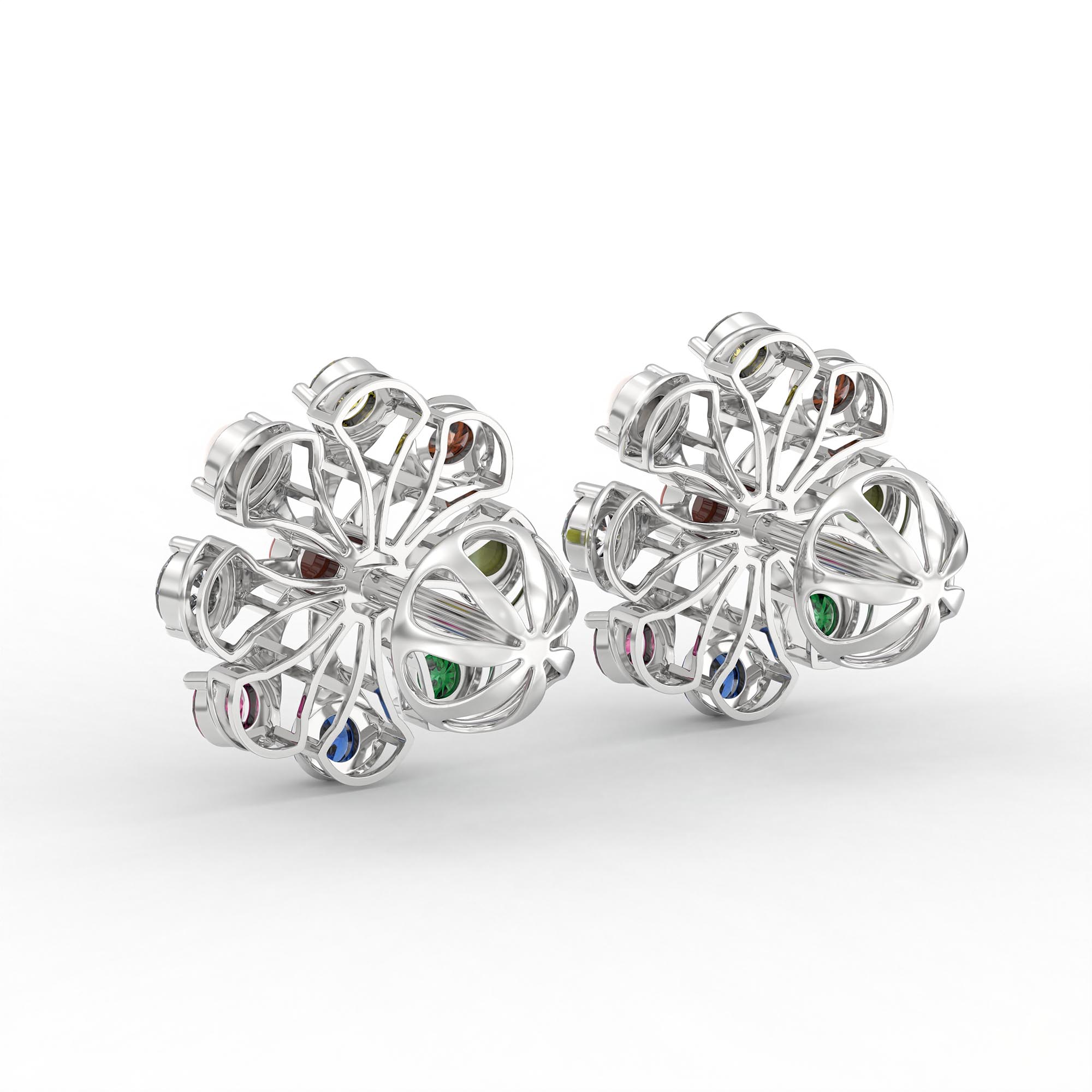 Navratna (Navaratna) Stud Earrings in 18K White Gold – 2.8 mm stones, 4 g (Design K1-22) thumbnail